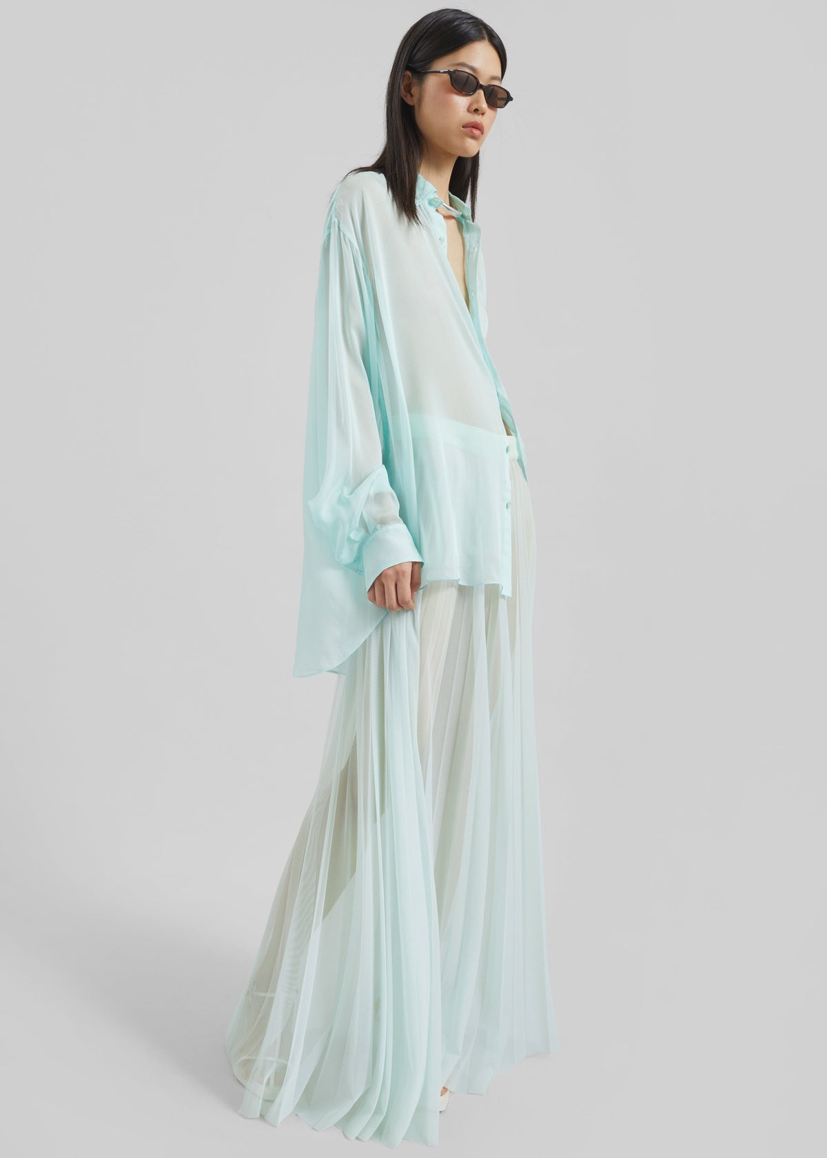 Vallen Pleated Mesh Maxi Skirt - Mint - 2