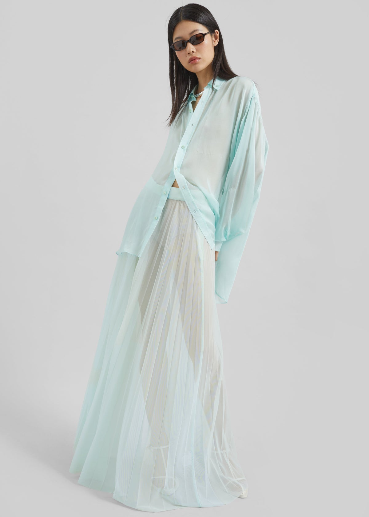 Vallen Pleated Mesh Maxi Skirt - Mint - 1