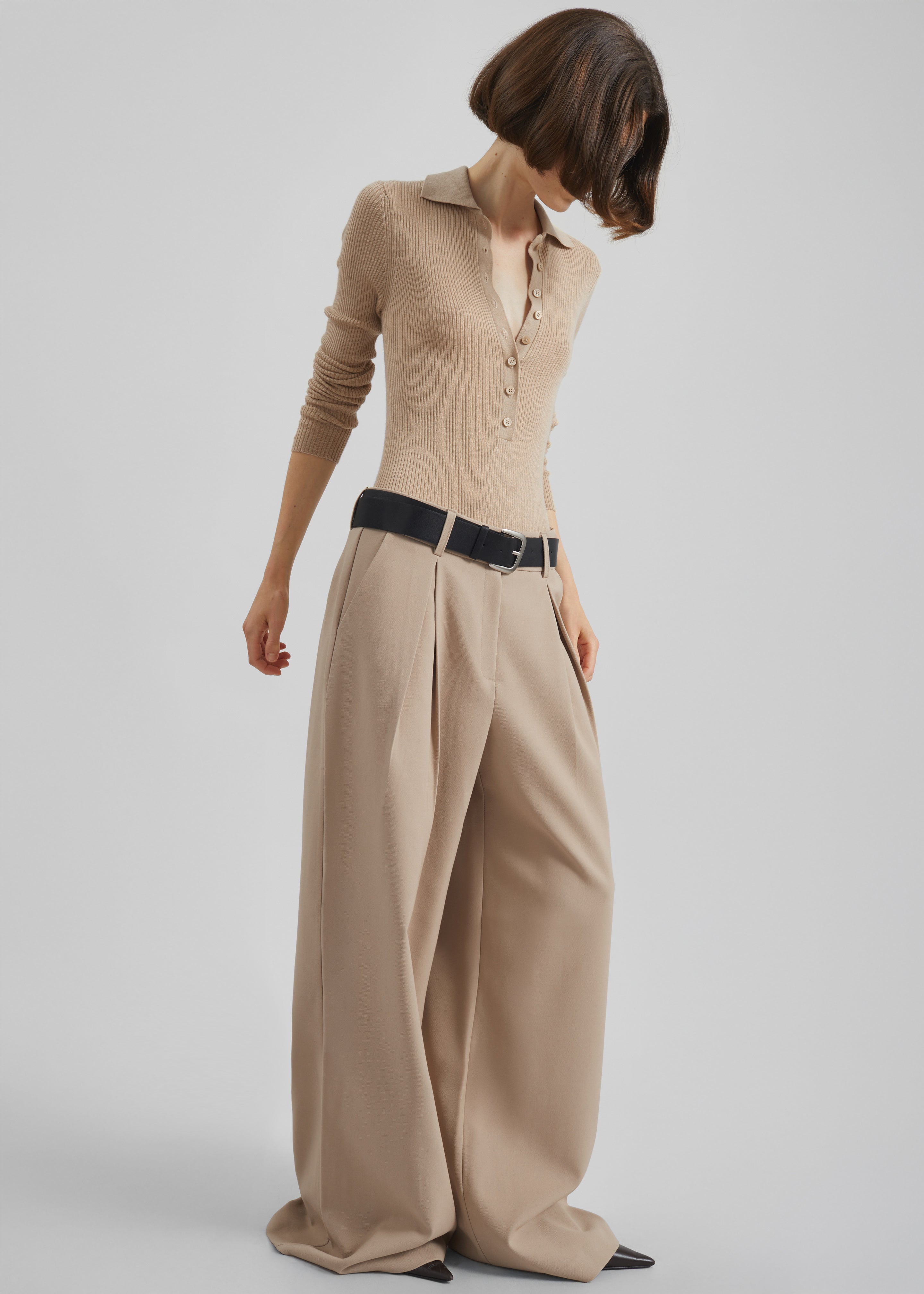 Varen Belted Wide Trousers - Beige - 8