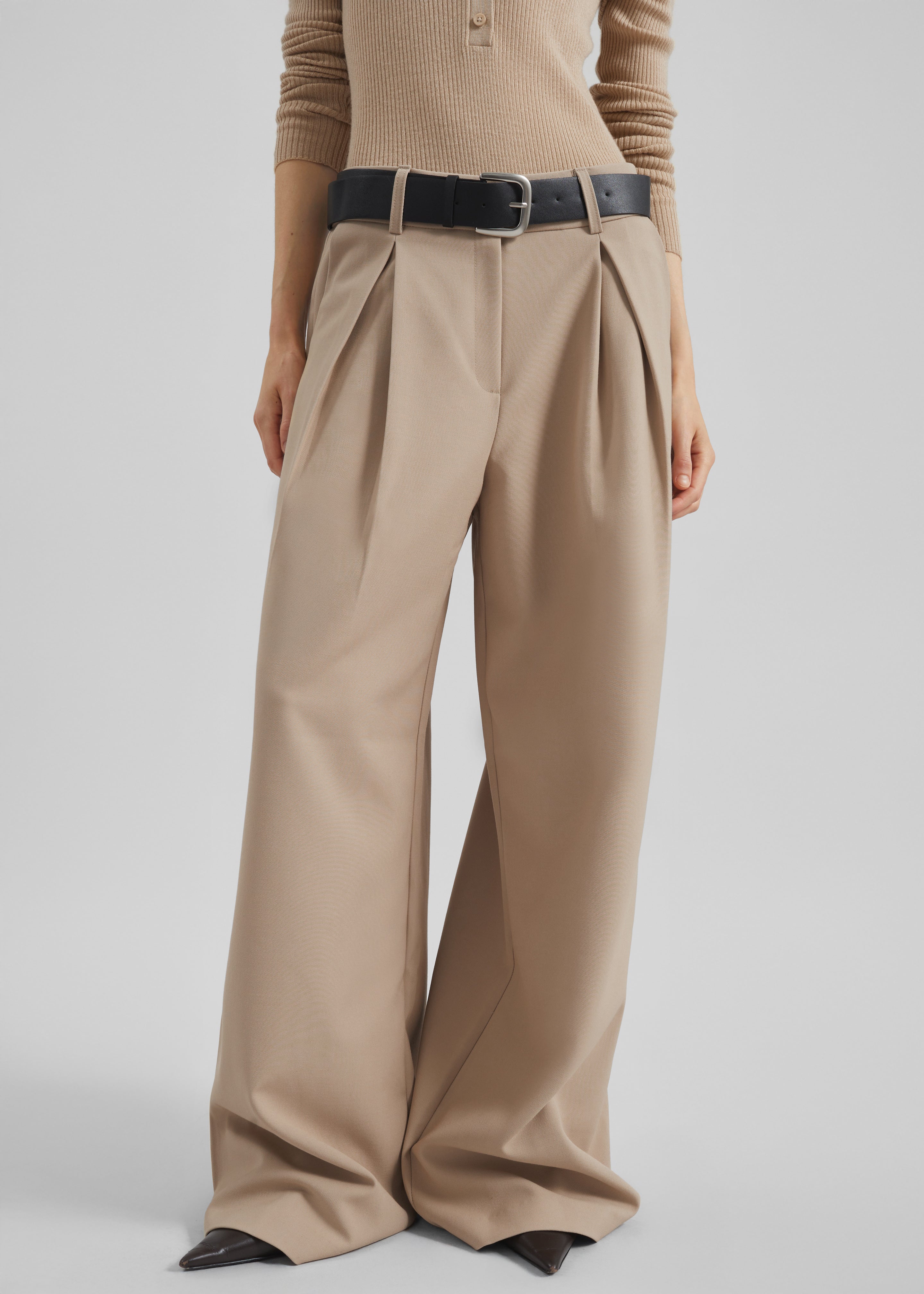 Varen Belted Wide Trousers - Beige - 10