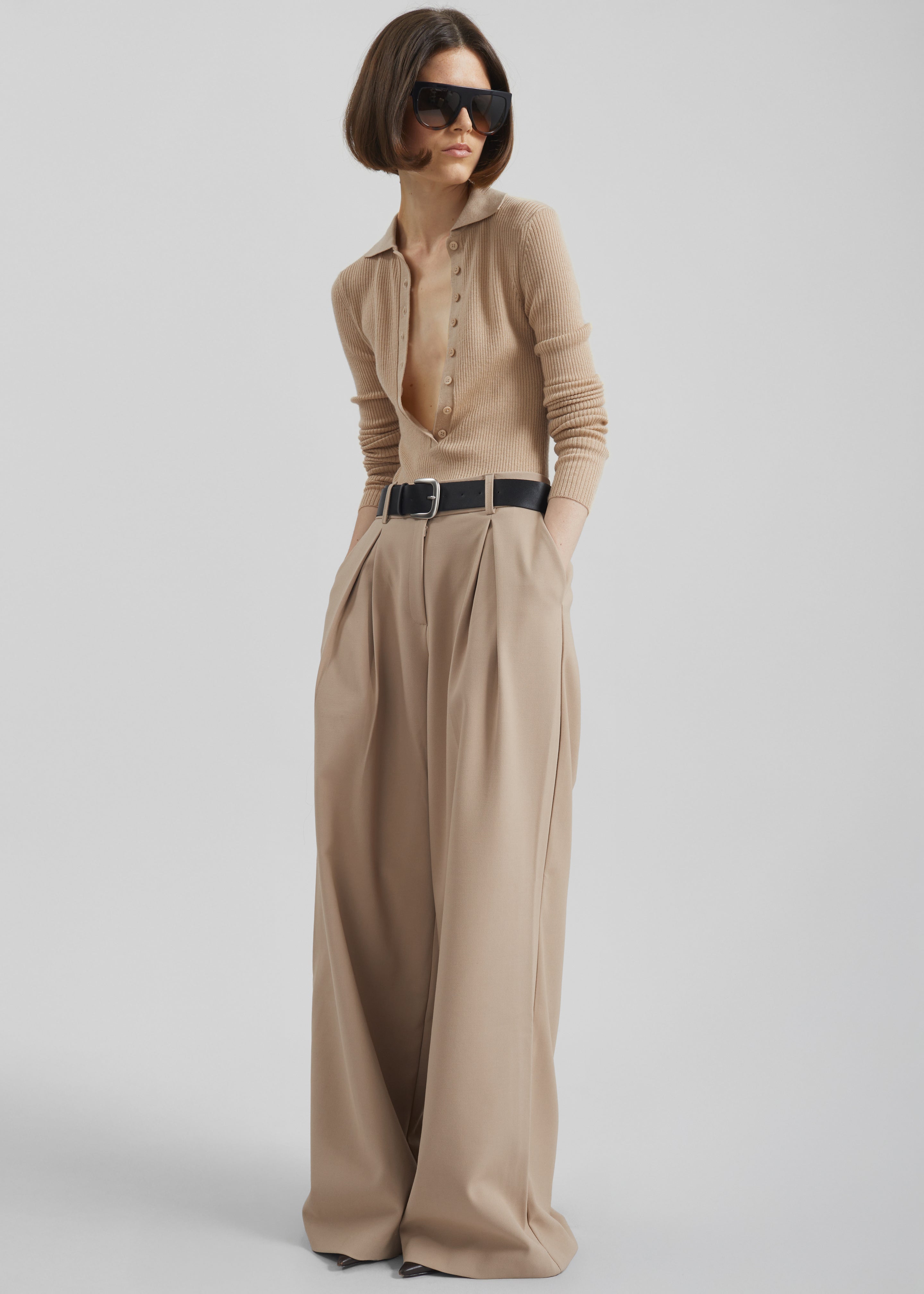 Varen Belted Wide Trousers - Beige - 11