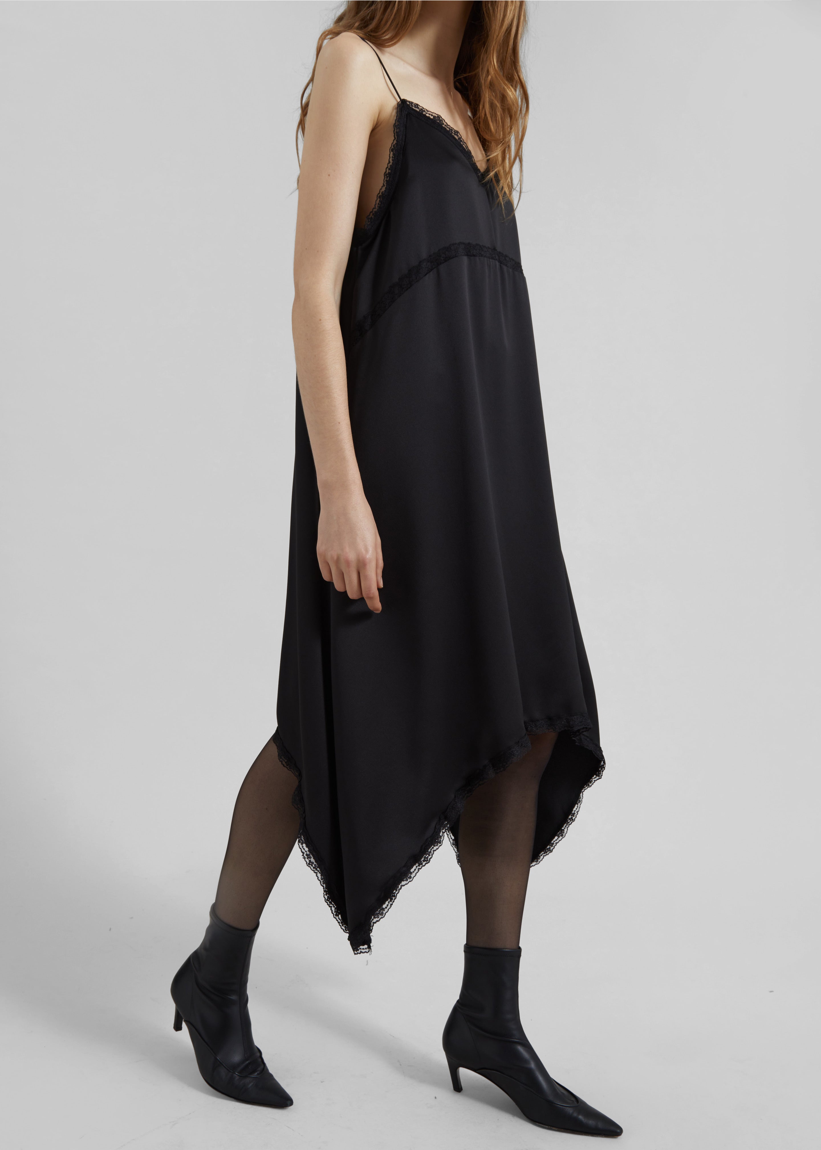 Velanne Satin Lace Trim Dress - Black - 2