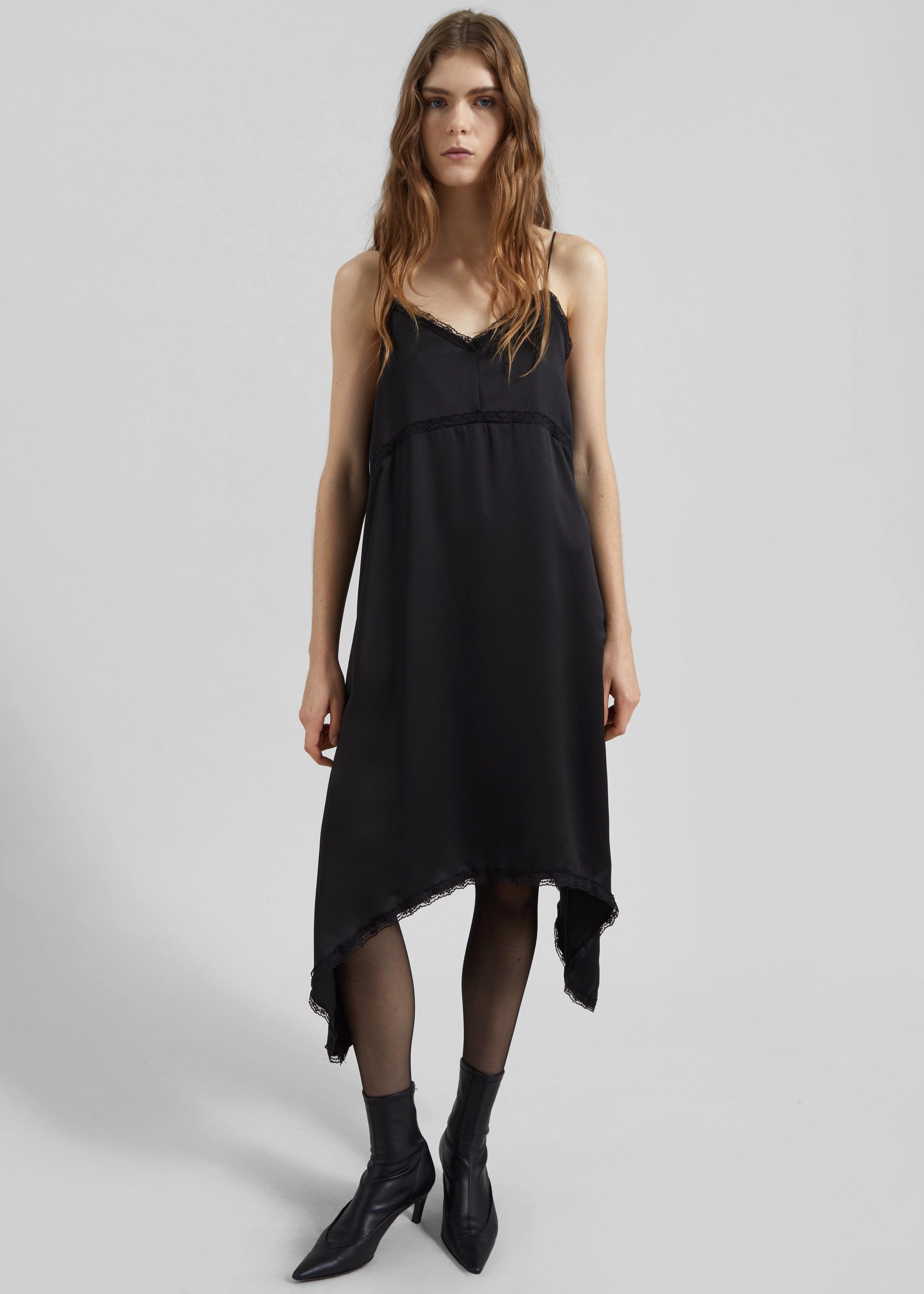 Velanne Satin Lace Trim Dress - Black - 1