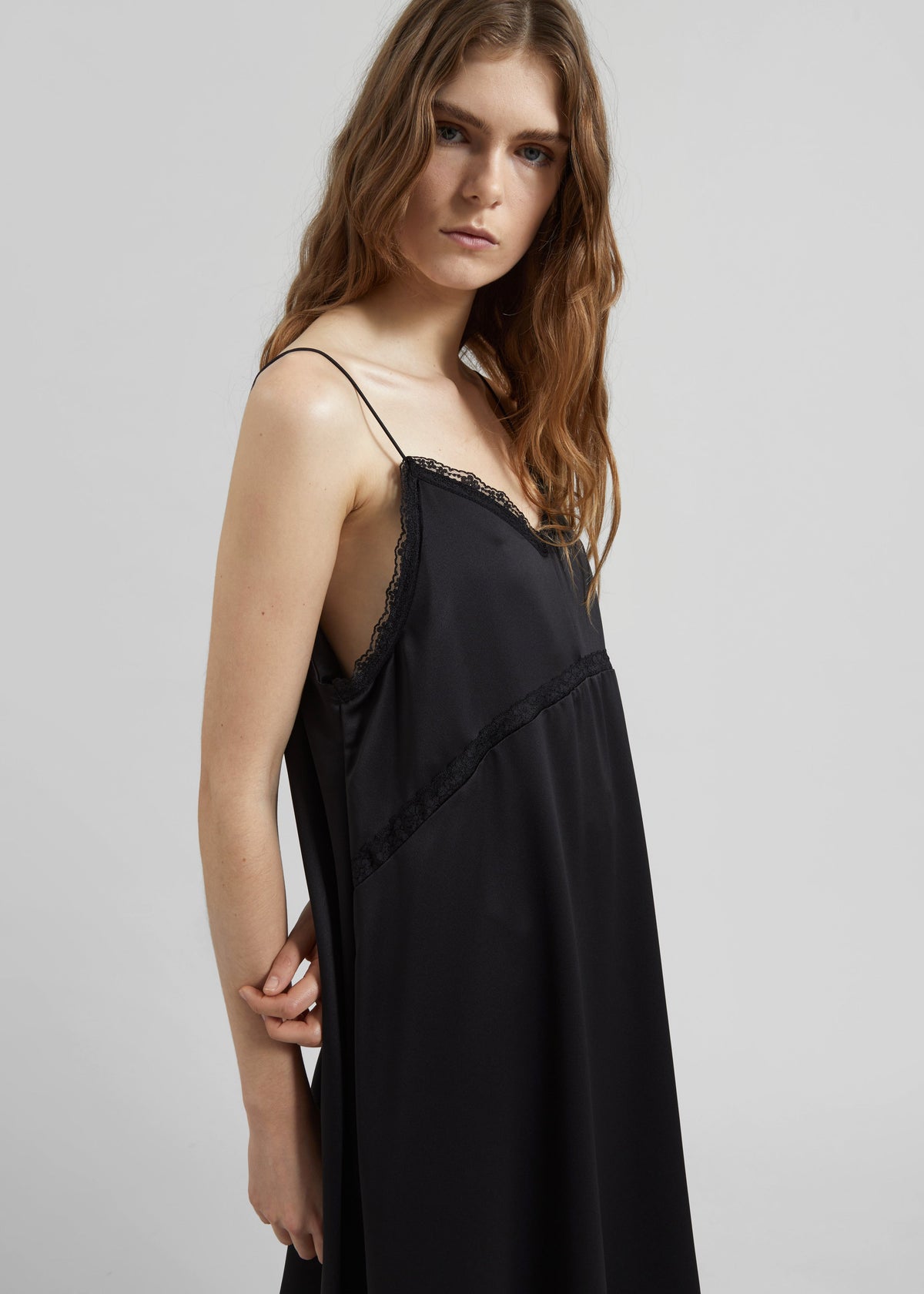 Velanne Satin Lace Trim Dress - Black - 3