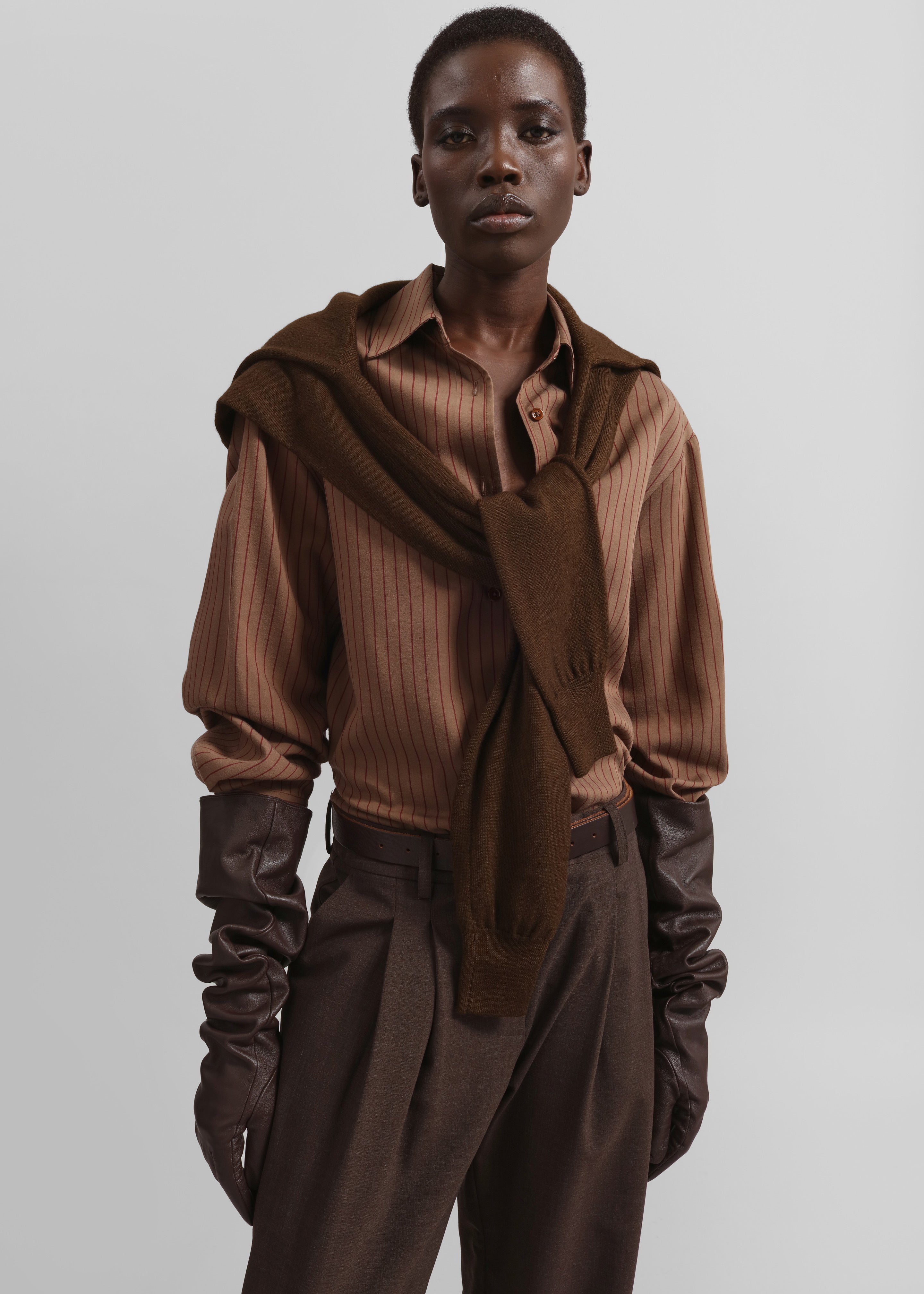 Veneto Long Leather Gloves - Dark Brown - 5