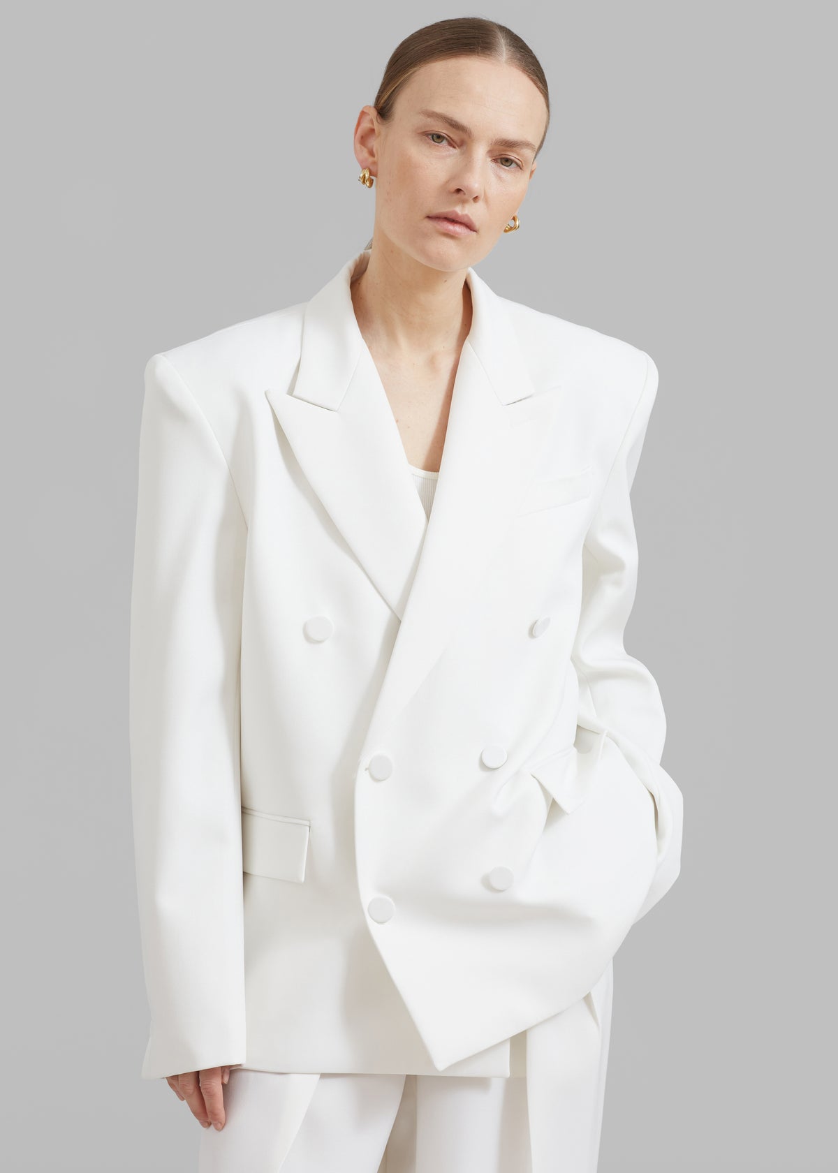 Zia Covered Buttons Blazer - White - 3