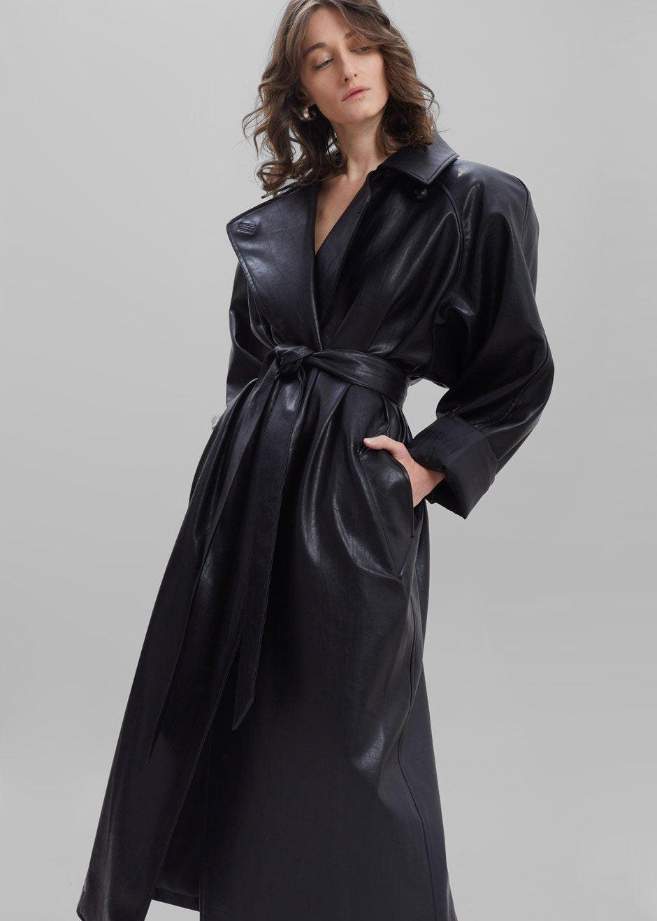Henna Oversized Faux Leather Trench - Black - 1
