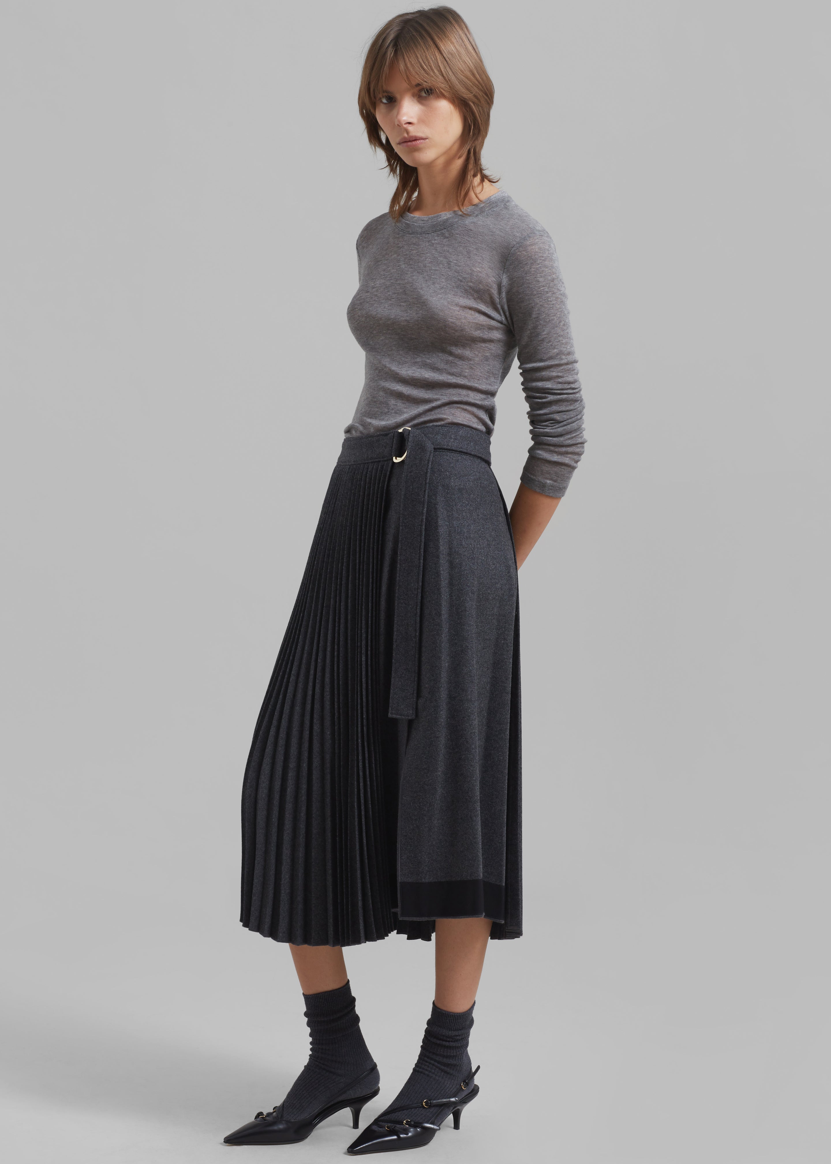 3.1 Phillip Lim Flannel Pleated Wrap Skirt W D-Ring - Charcoal - 4