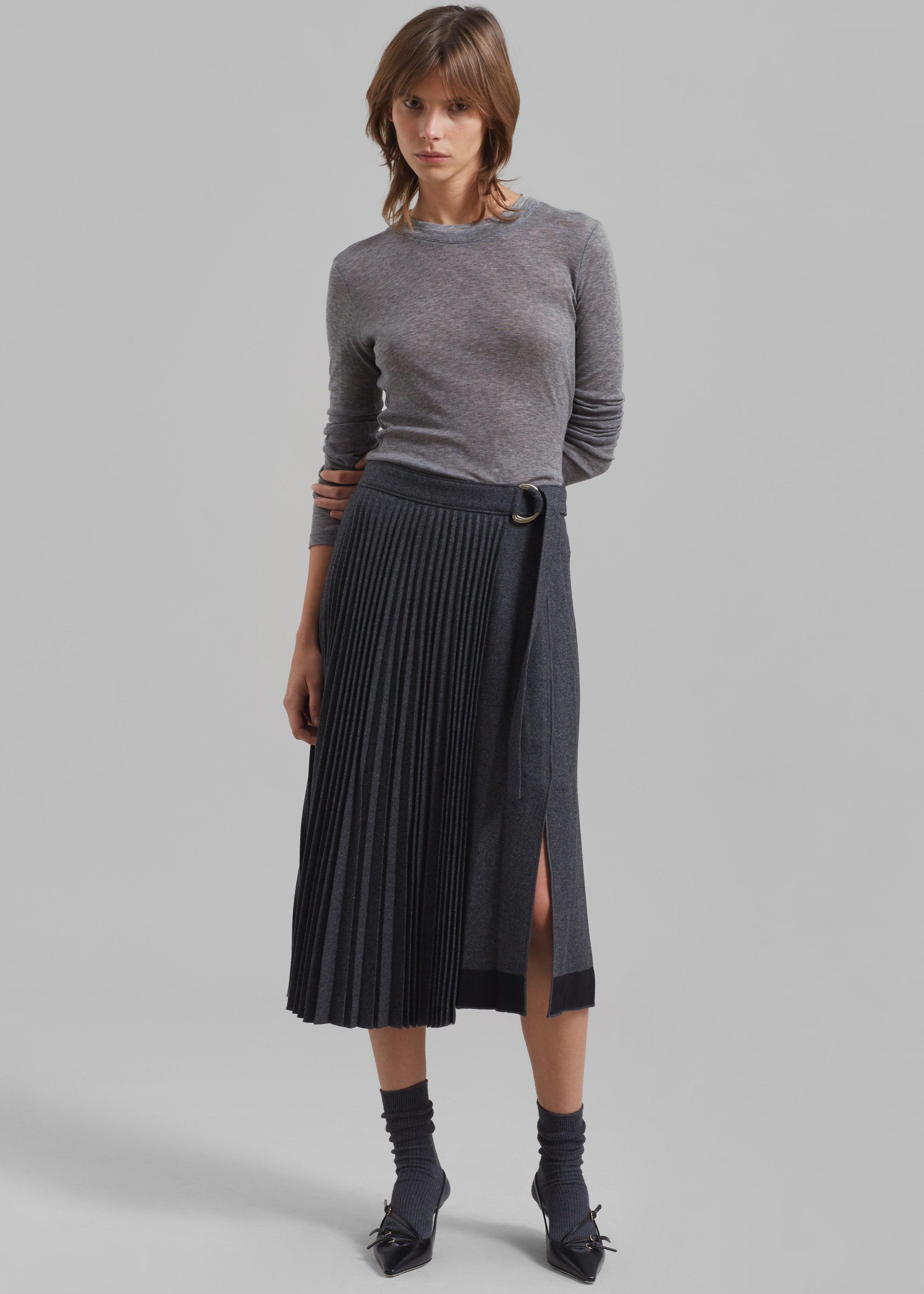 3.1 Phillip Lim Flannel Pleated Wrap Skirt W D-Ring - Charcoal - 2