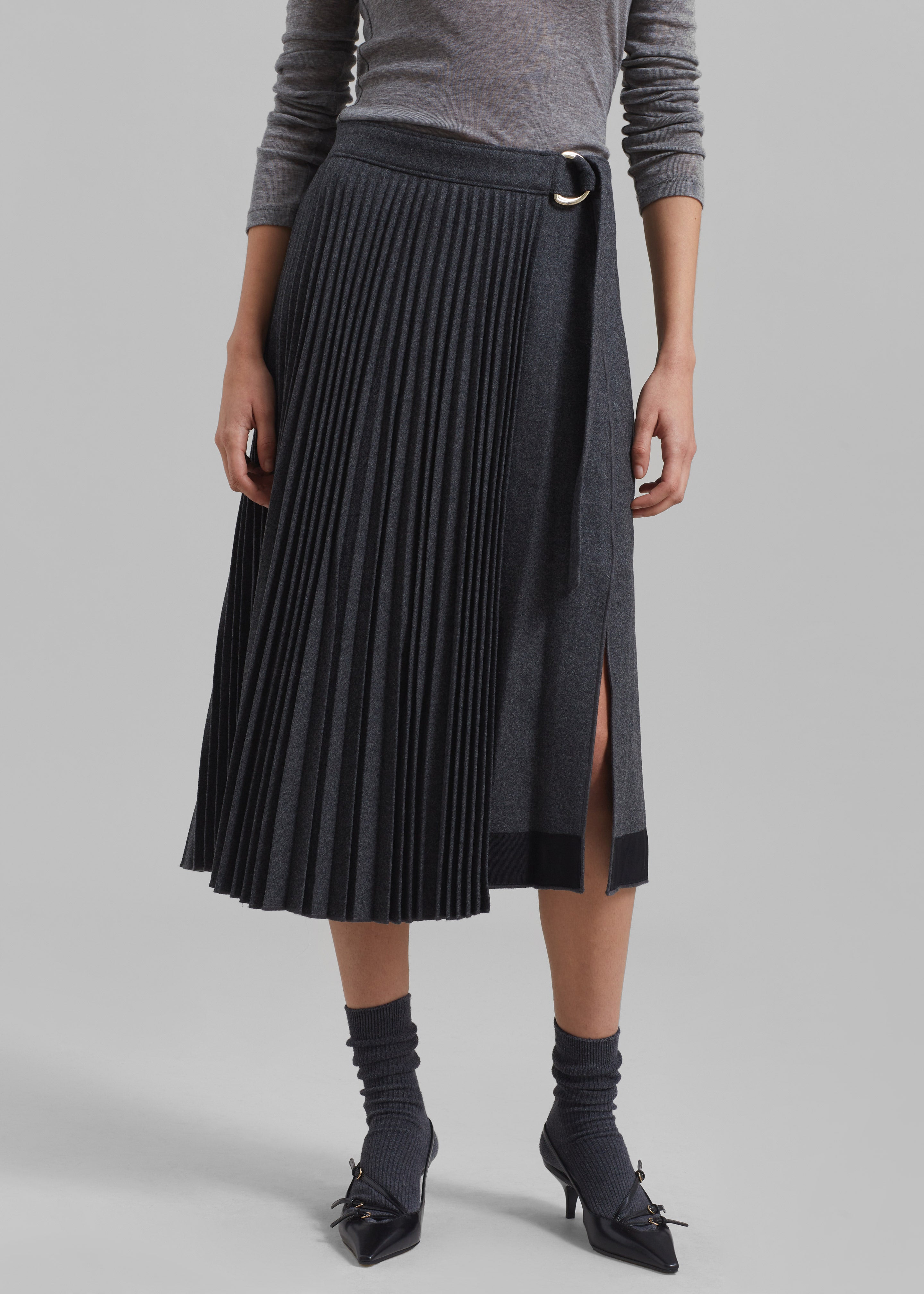 3.1 Phillip Lim Flannel Pleated Wrap Skirt W D-Ring - Charcoal - 5