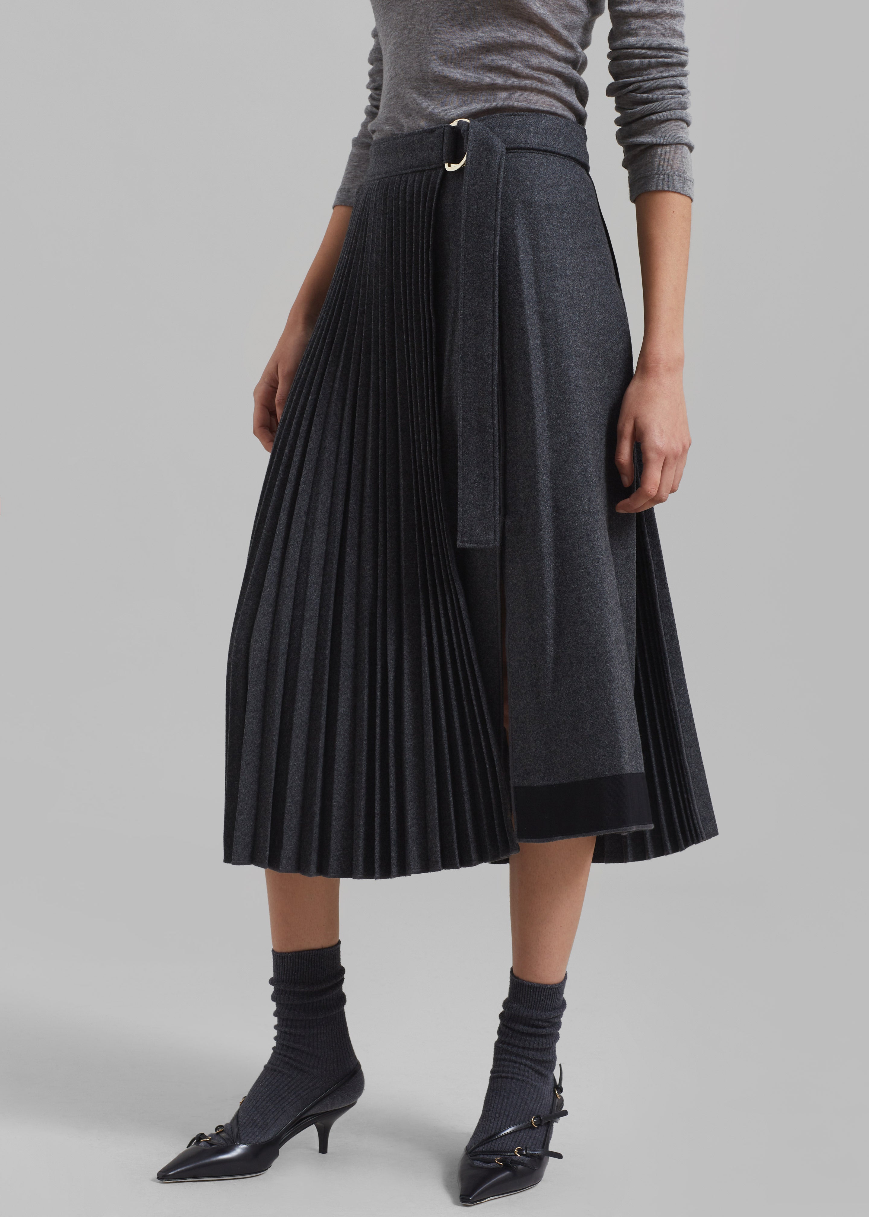 3.1 Phillip Lim Flannel Pleated Wrap Skirt W D-Ring - Charcoal - 1