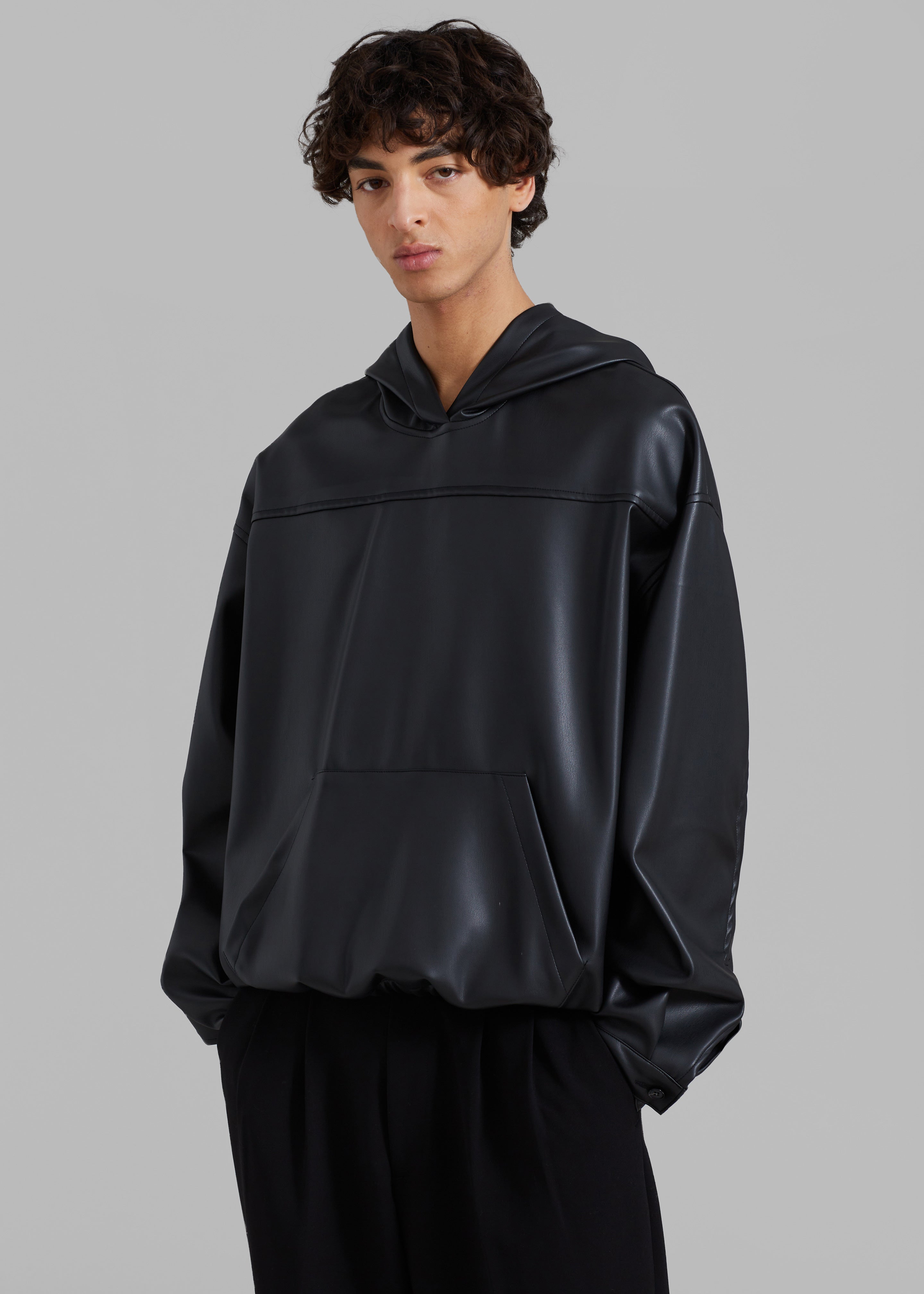 Aston Faux Leather Hooded Pullover - Black - 2