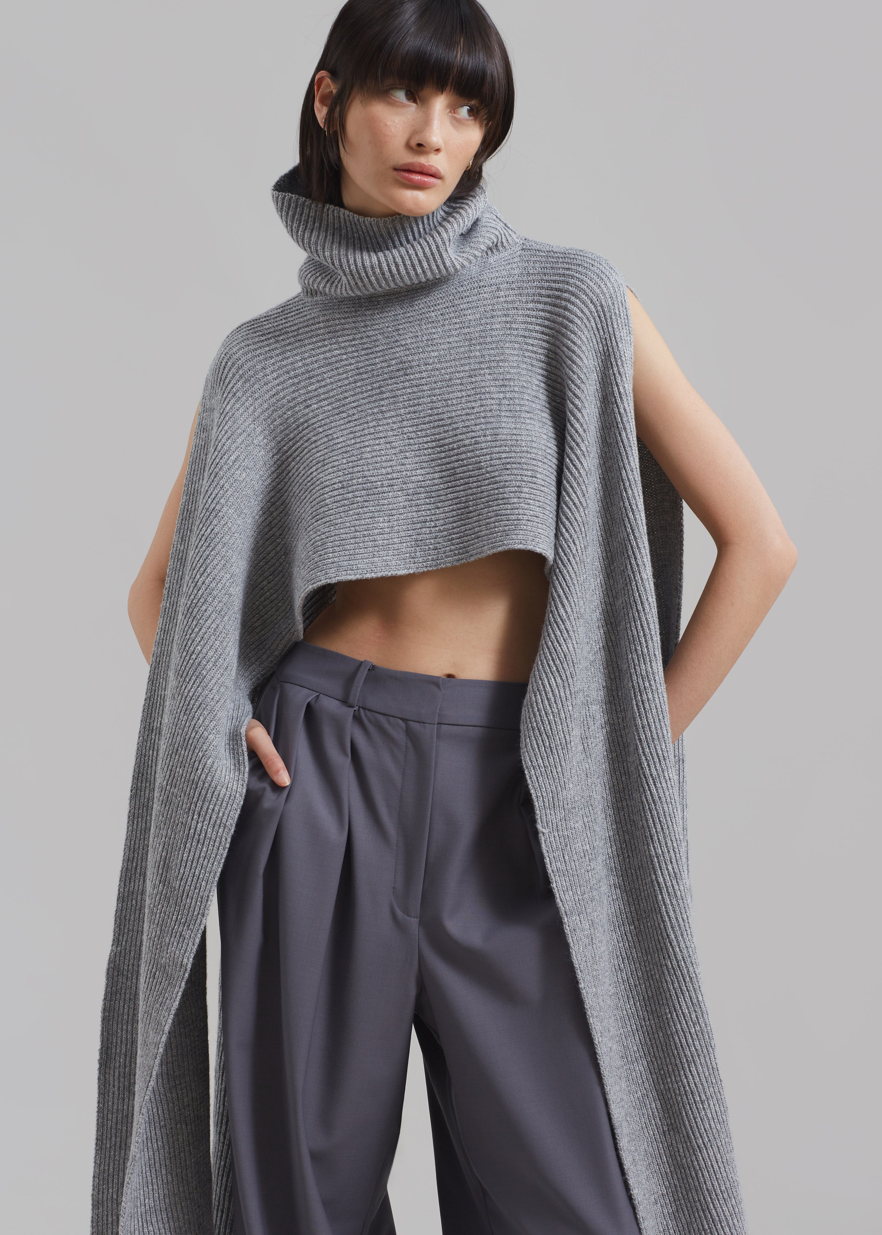 Bobbie Cropped Turtleneck Poncho - Grey - 2