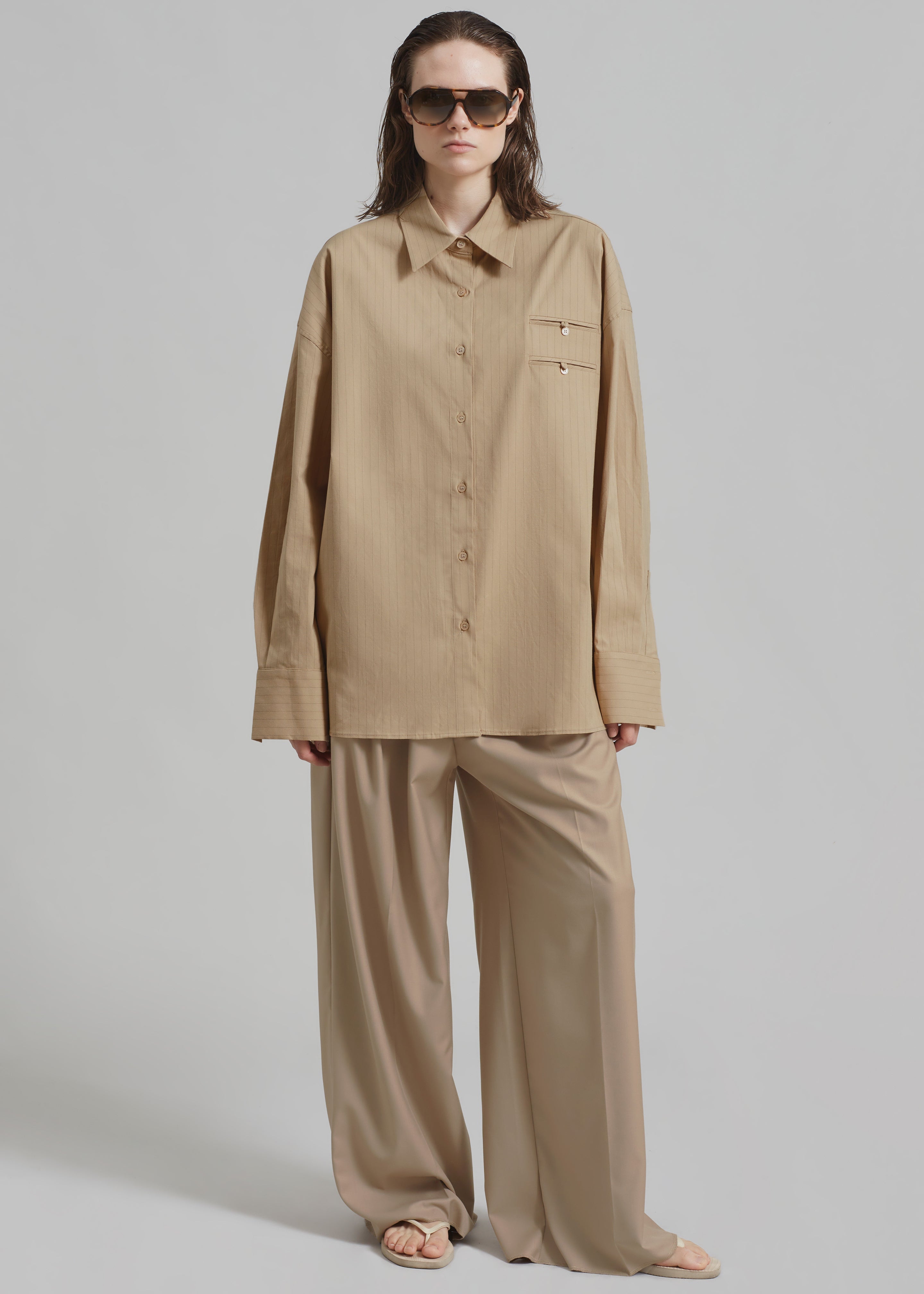 Conrad Button Up Shirt - Beige Pinstripe - 5