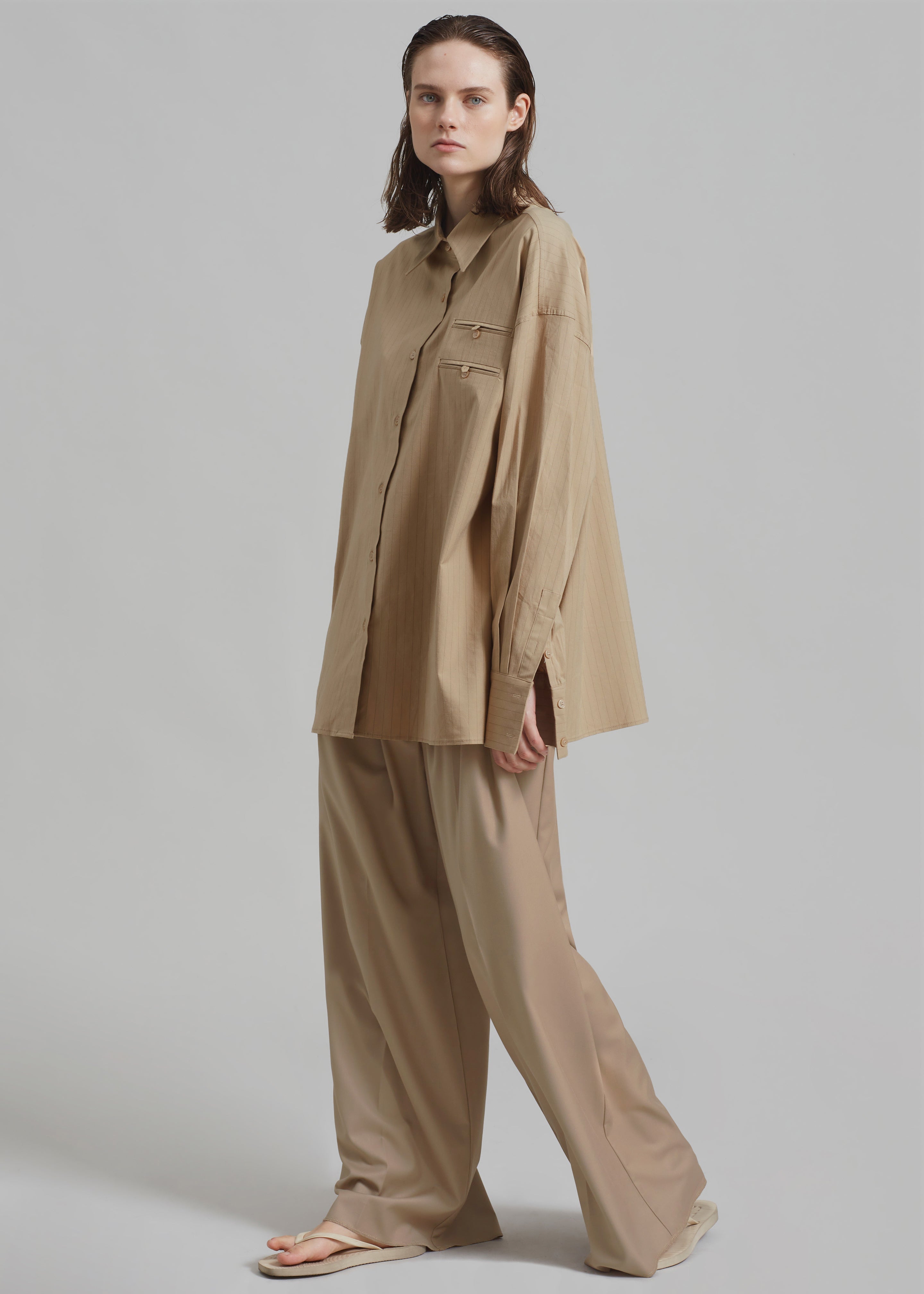 Conrad Button Up Shirt - Beige Pinstripe - 7