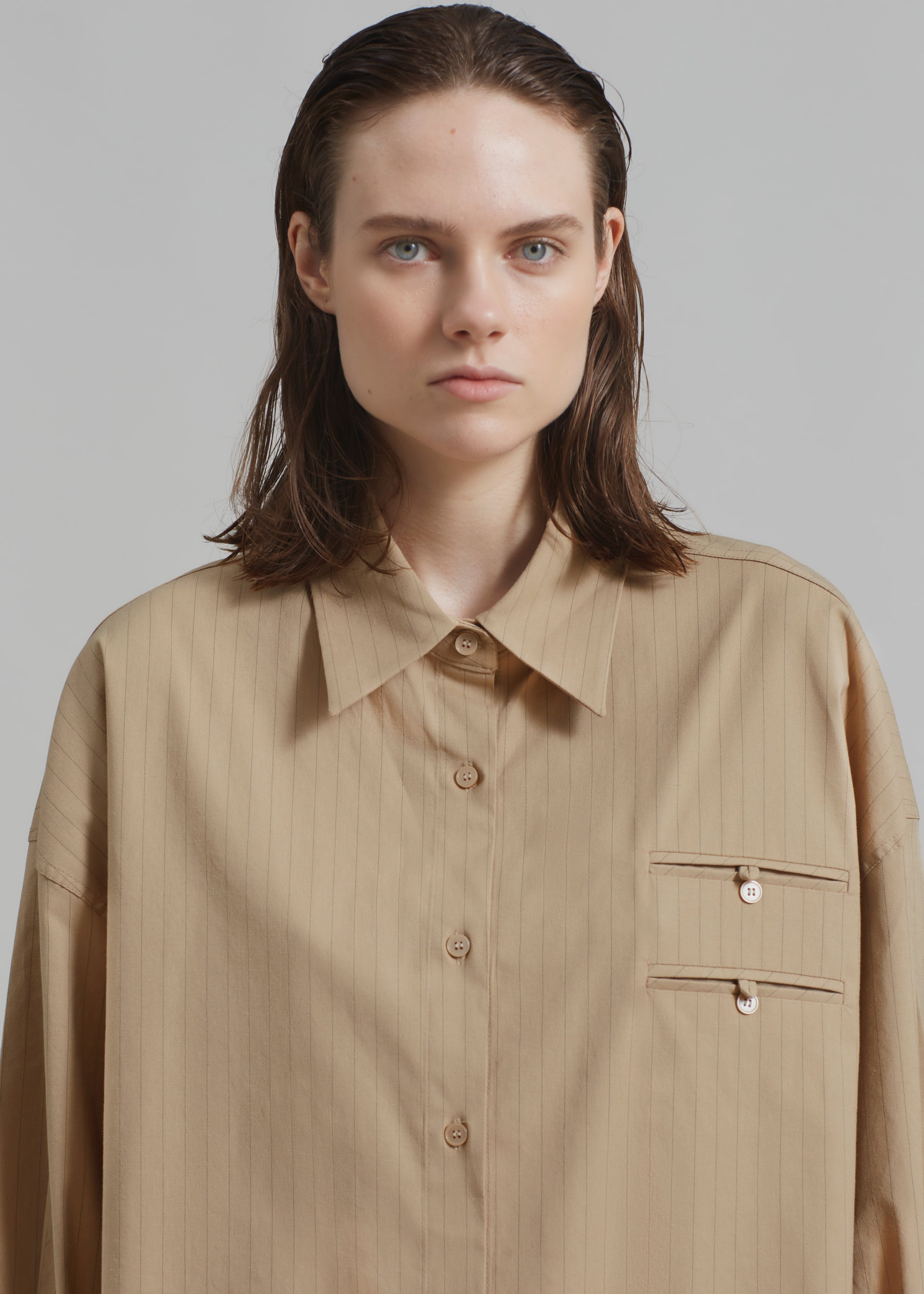Conrad Button Up Shirt - Beige Pinstripe - 3