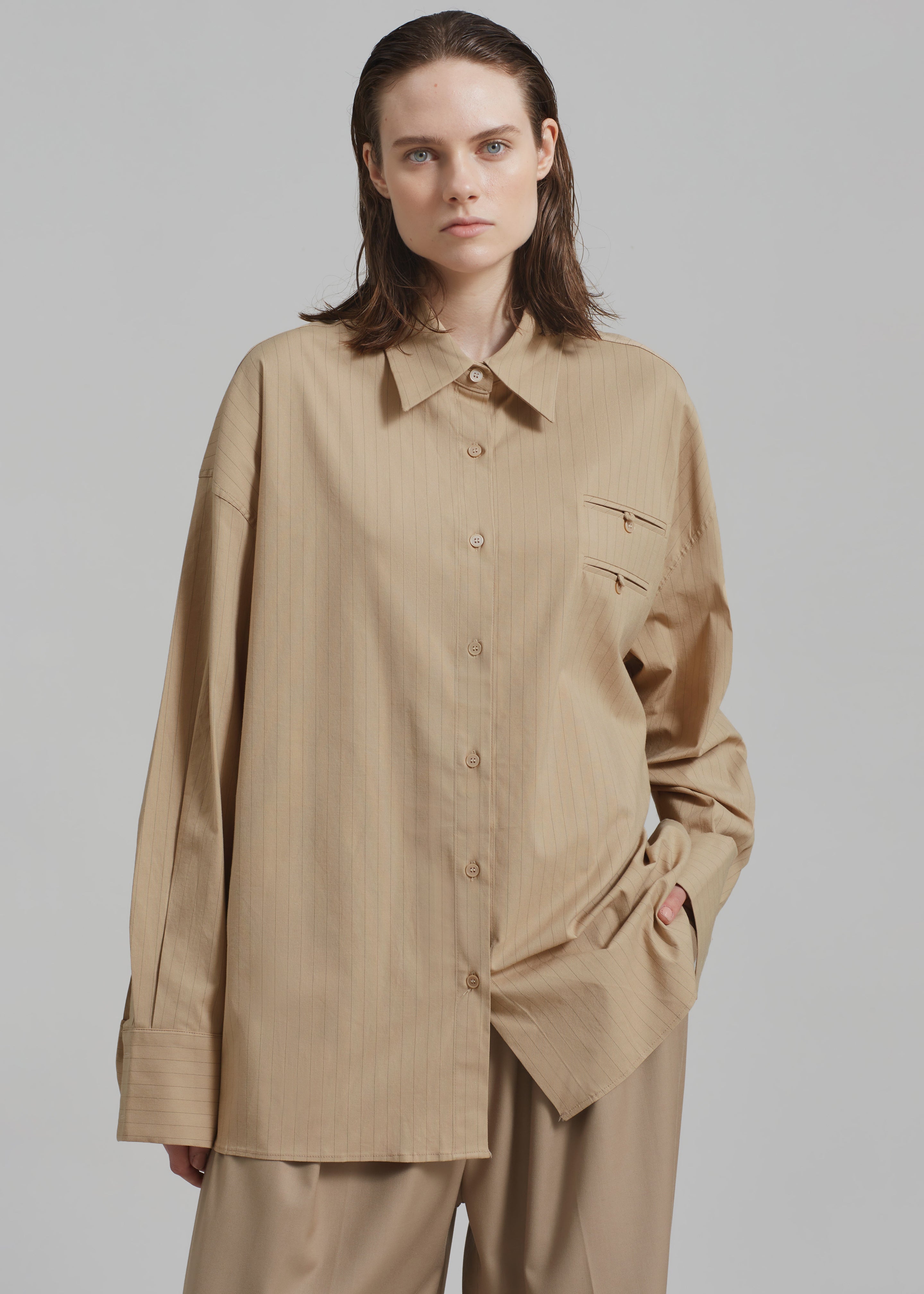 Conrad Button Up Shirt - Beige Pinstripe - 8
