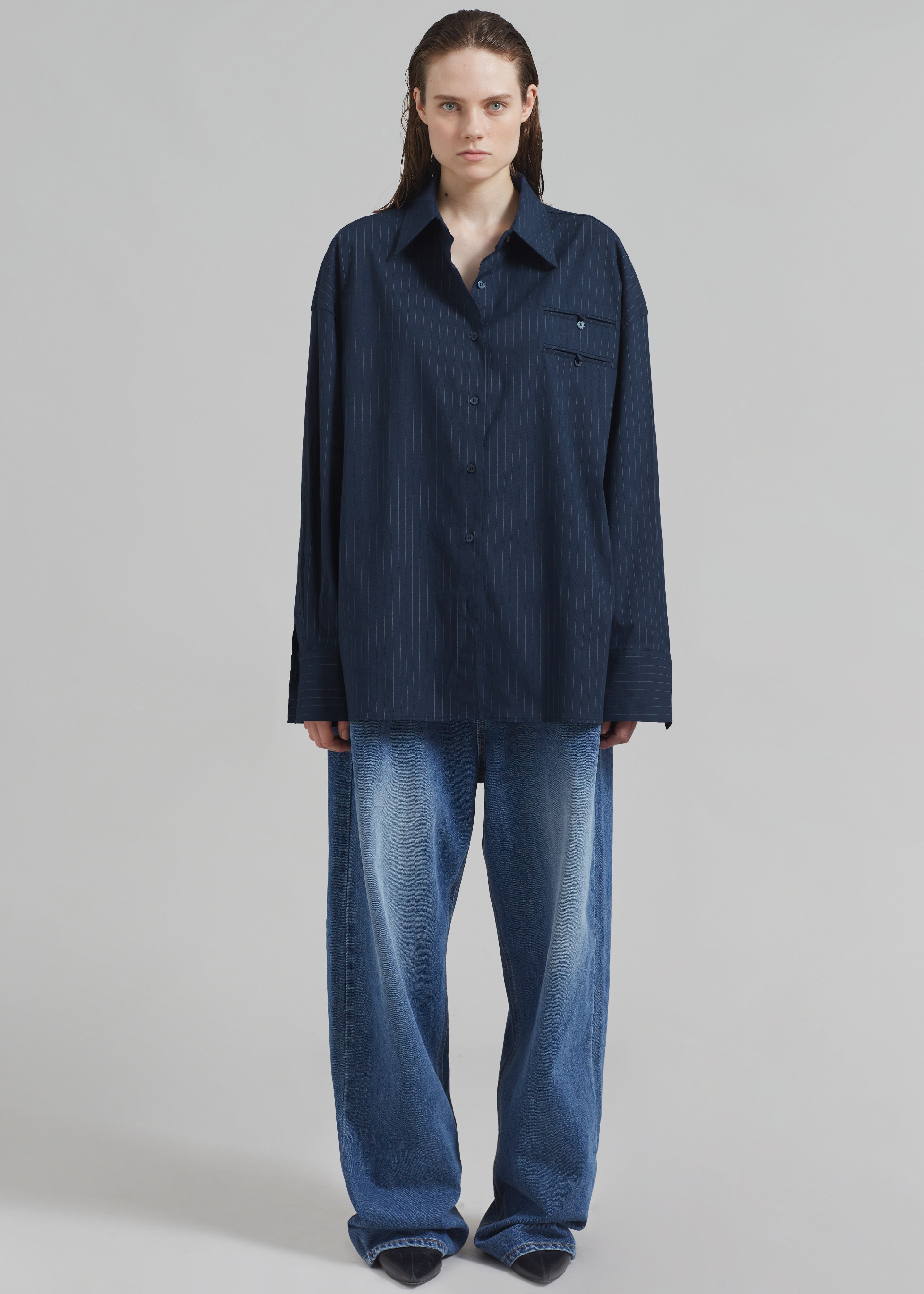 Conrad Button Up Shirt - Navy Pinstripe - 8