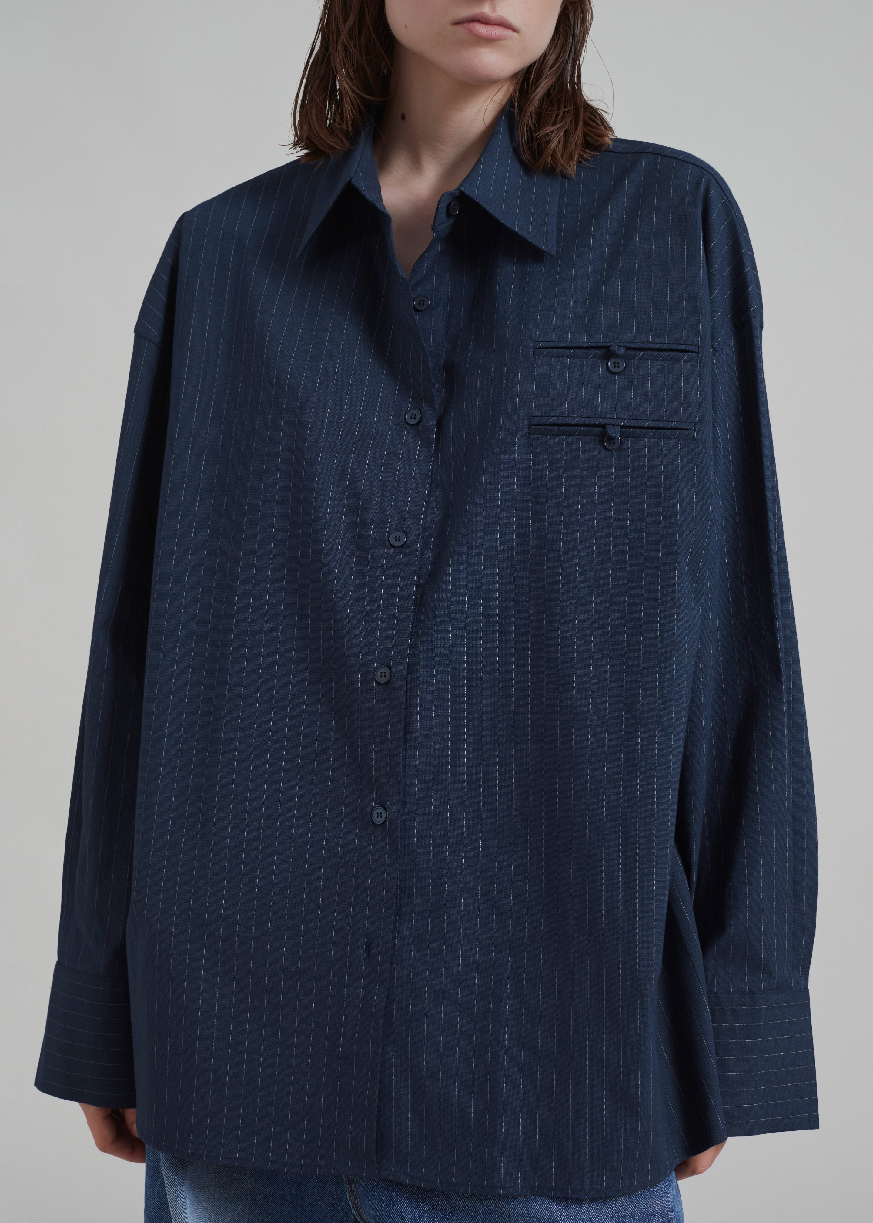 Conrad Button Up Shirt - Navy Pinstripe - 6