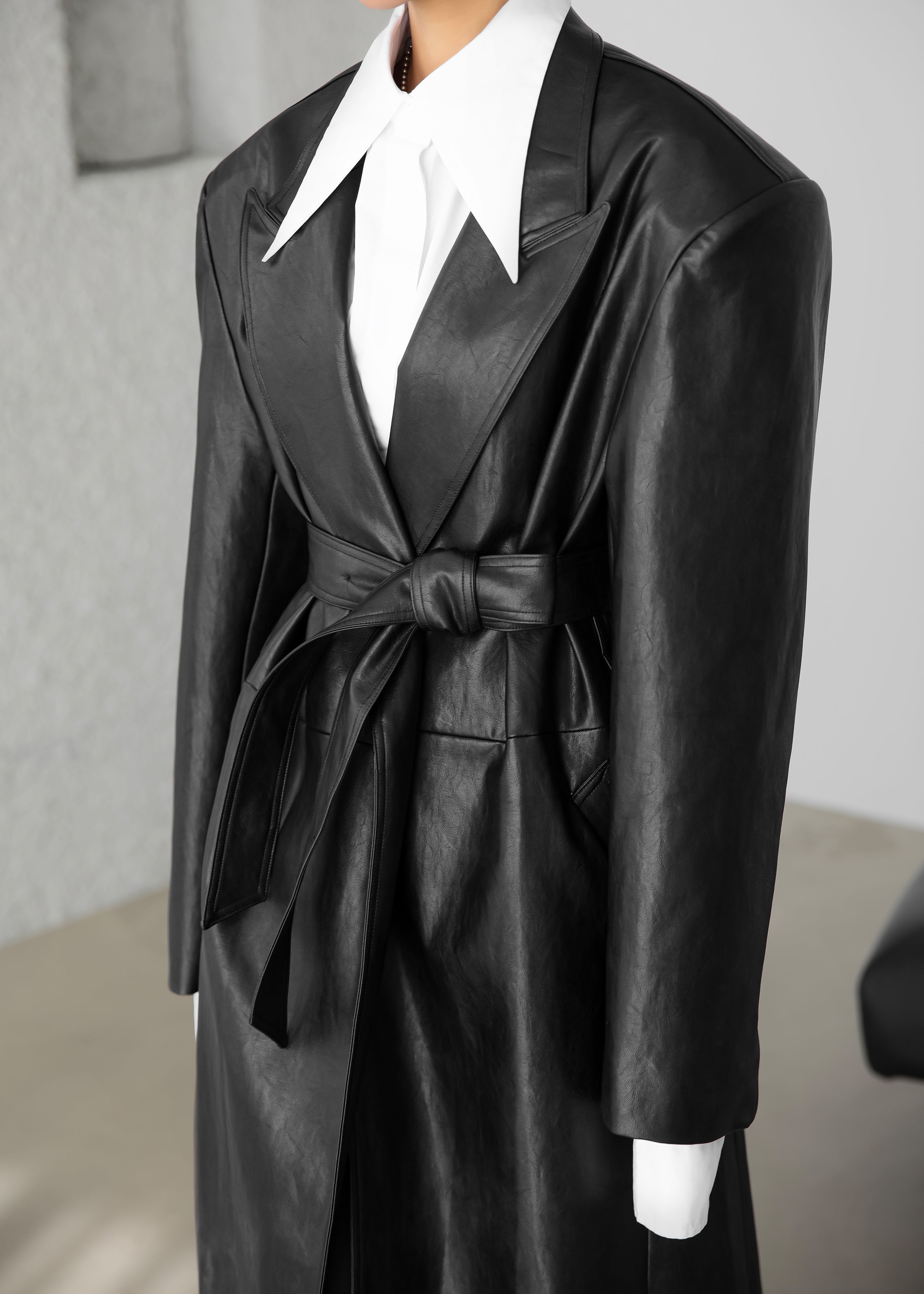 Connie Faux Leather Belted Trench Coat - Black - 6