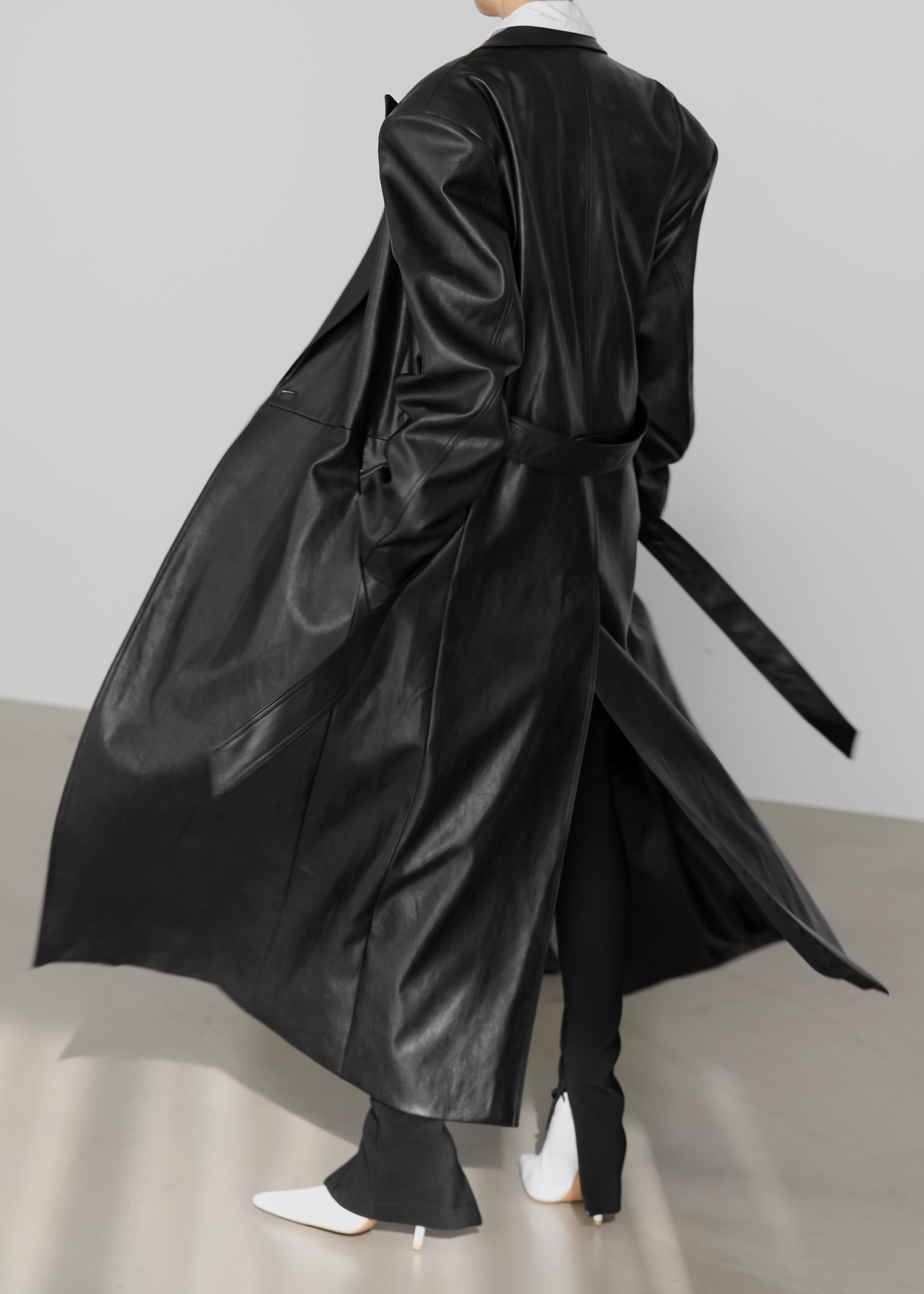 Connie Faux Leather Belted Trench Coat - Black - 11
