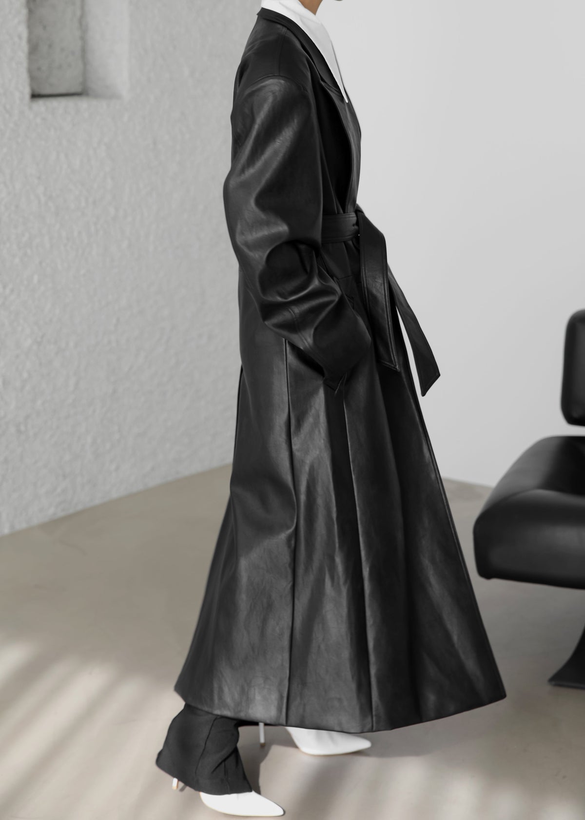 Connie Faux Leather Belted Trench Coat - Black - 5