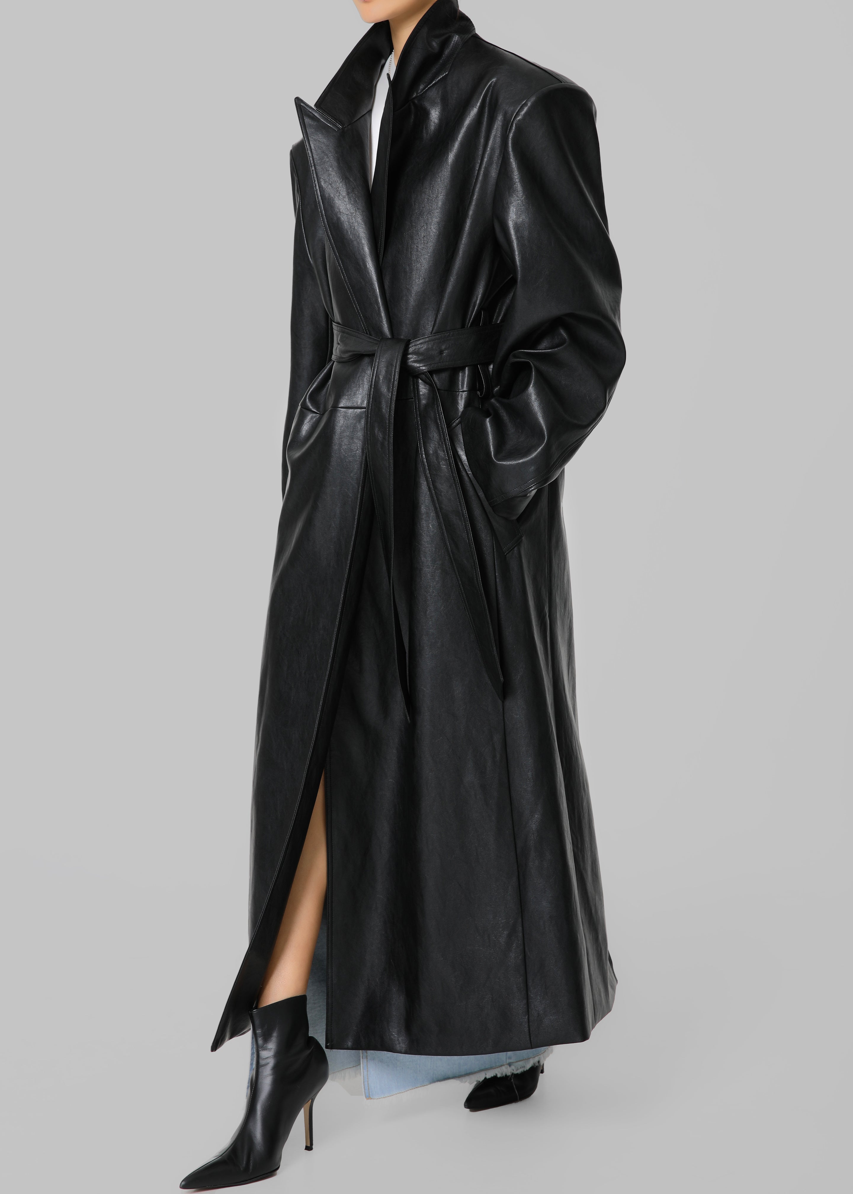 Connie Faux Leather Belted Trench Coat - Black - 1