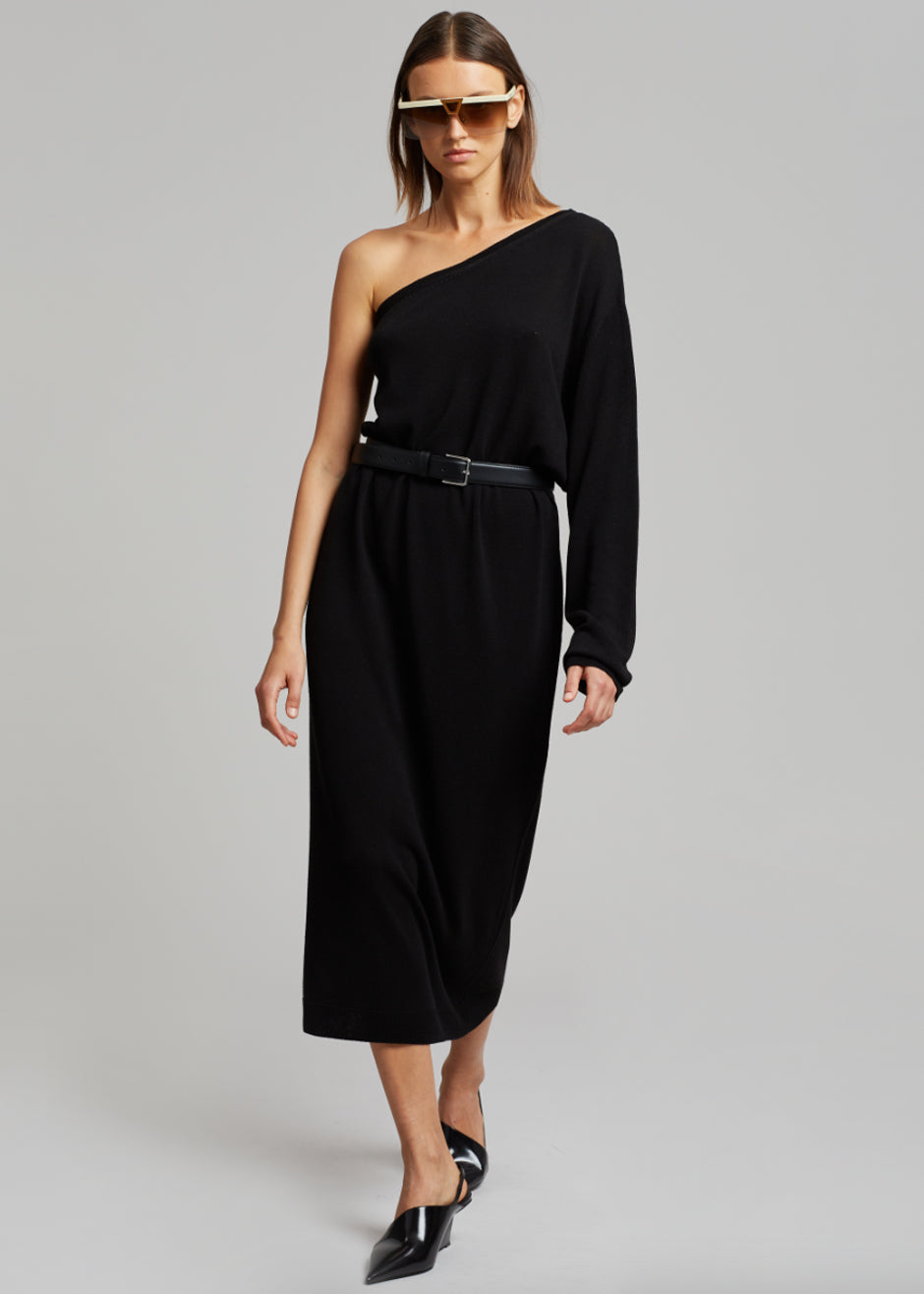 Lina One Shoulder Loose Knit Dress - Black - 7