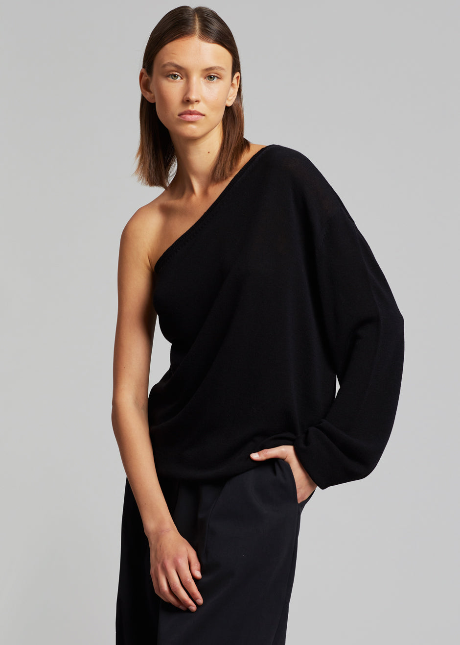 Bianca One Shoulder Loose Knit Top - Black - 4
