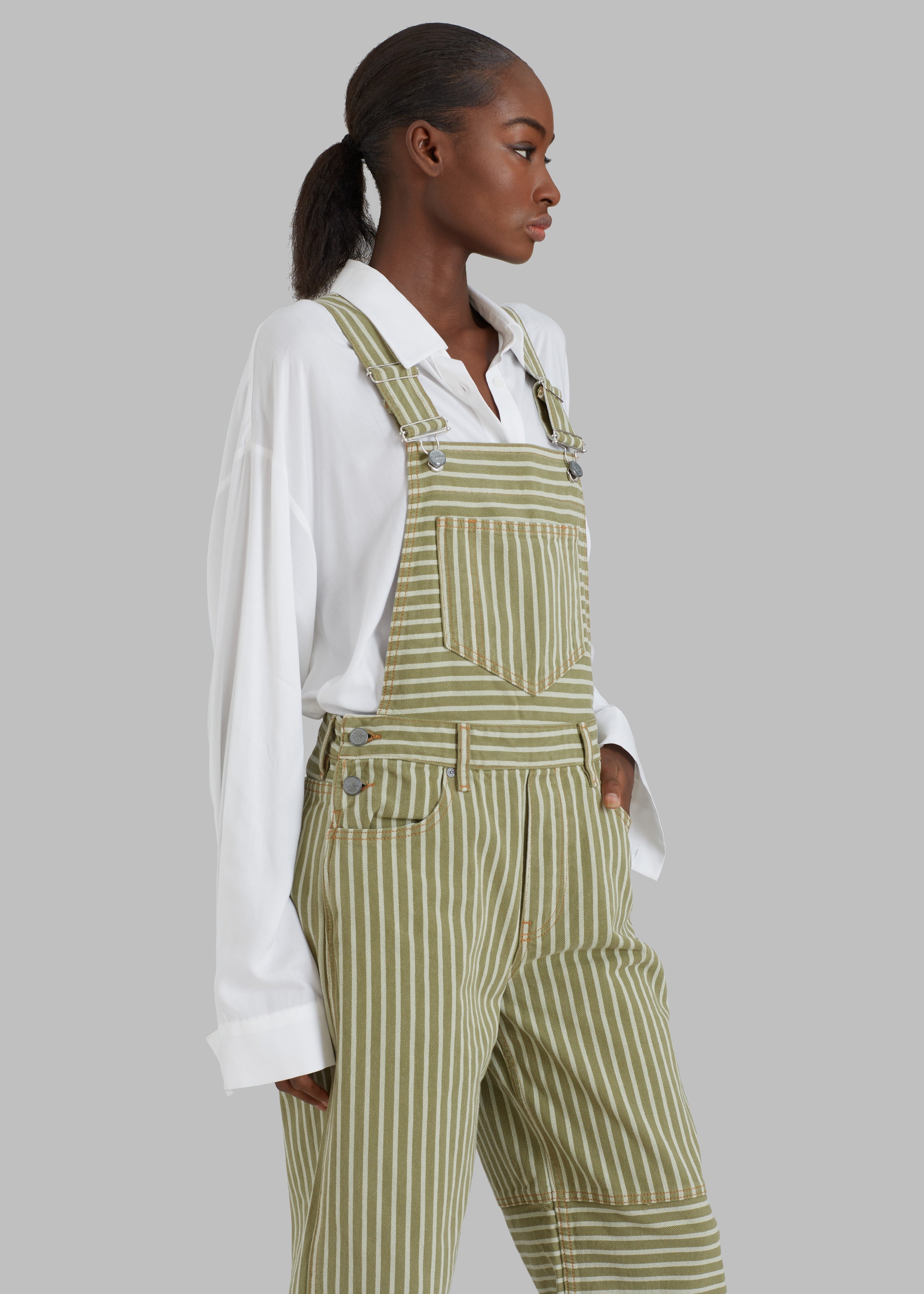 GANNI Stripe Denim Overalls - Stripe Loden Green - 2
