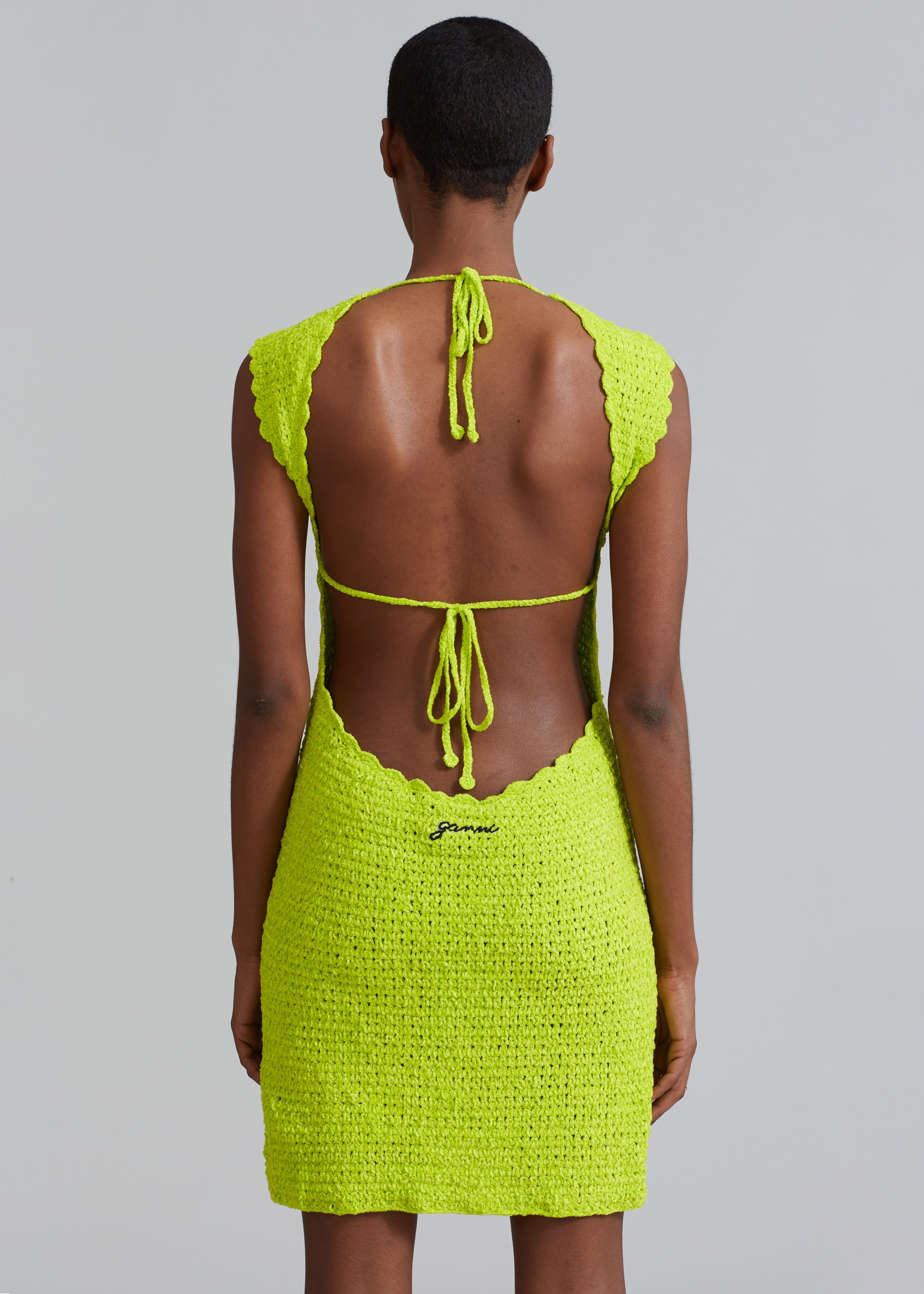 GANNI Velvet Crochet Open Back Mini Dress - Lime Punch - 5