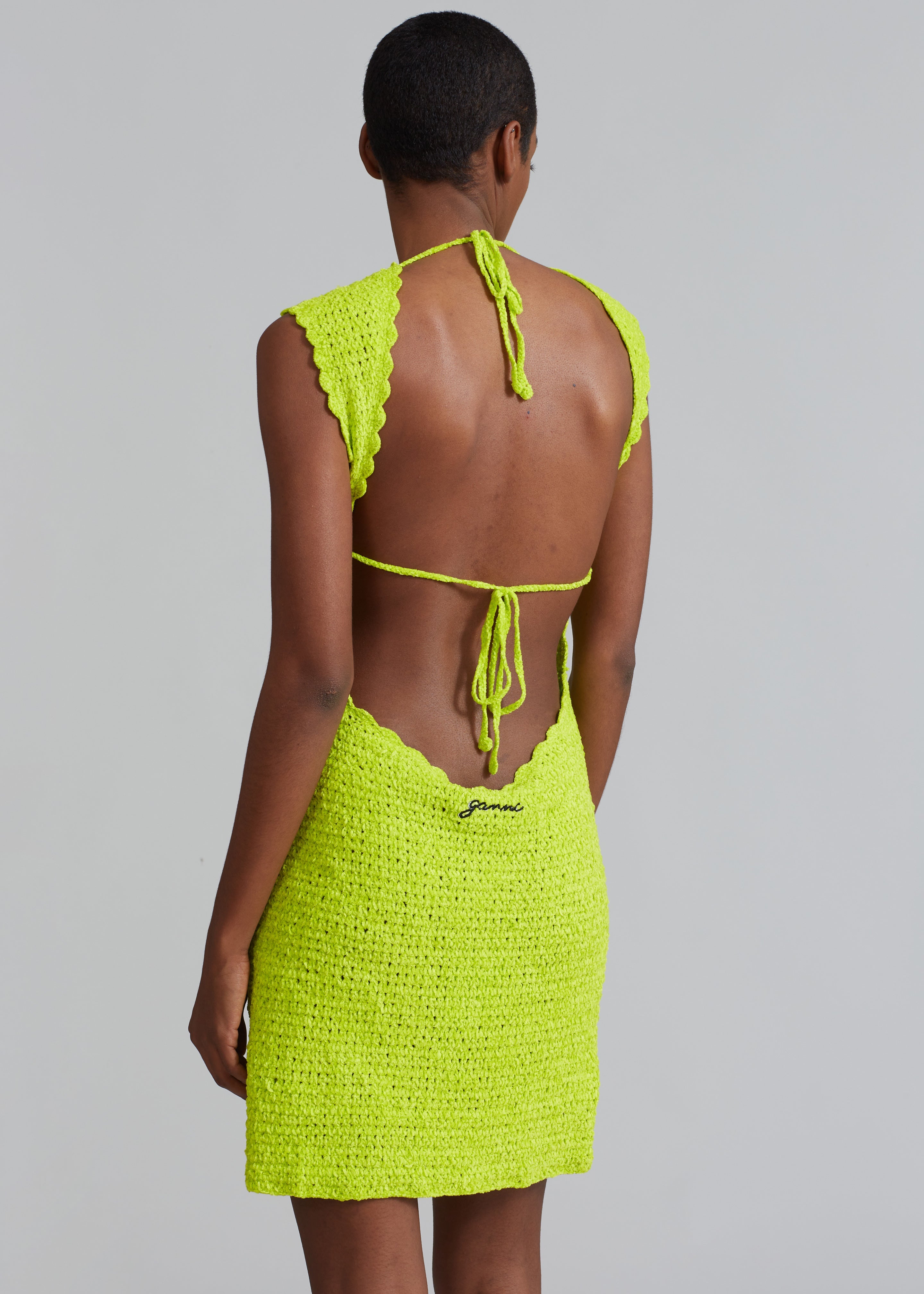 GANNI Velvet Crochet Open Back Mini Dress - Lime Punch - 1