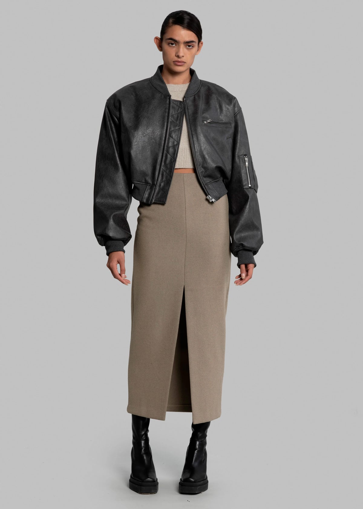 Gae Faux Leather Cropped Bomber - Charcoal - 4