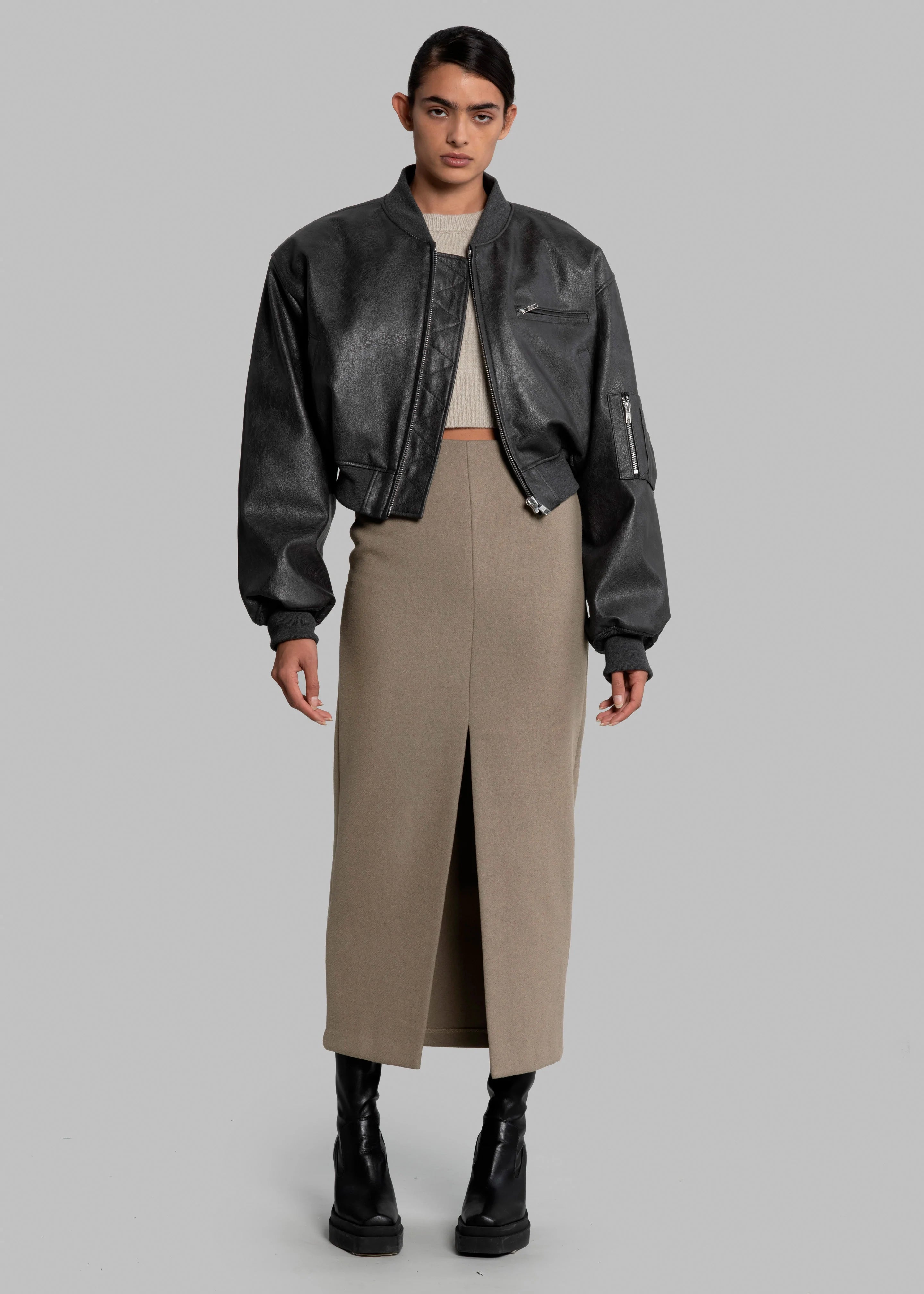 Gae Faux Leather Cropped Bomber - Charcoal - 4