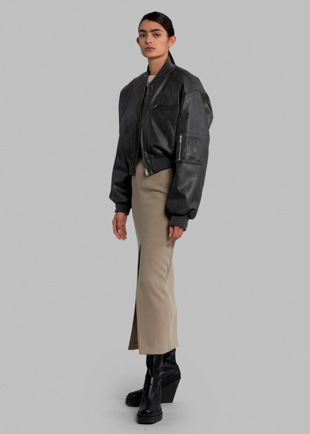 Gae Faux Leather Cropped Bomber - Charcoal - 6