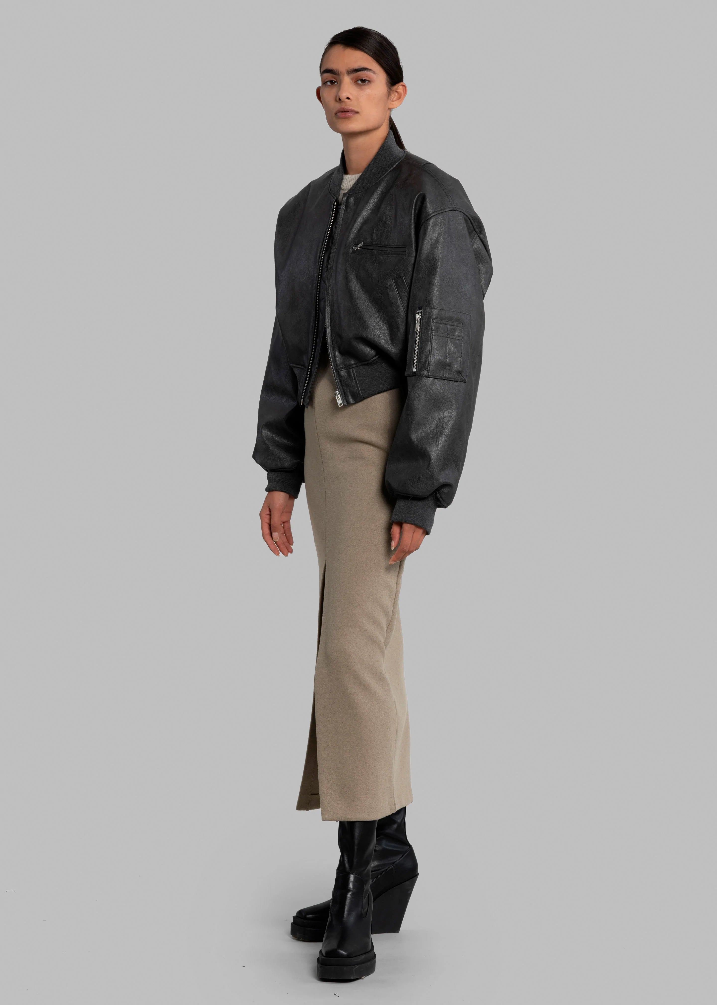 Gae Faux Leather Cropped Bomber - Charcoal - 6