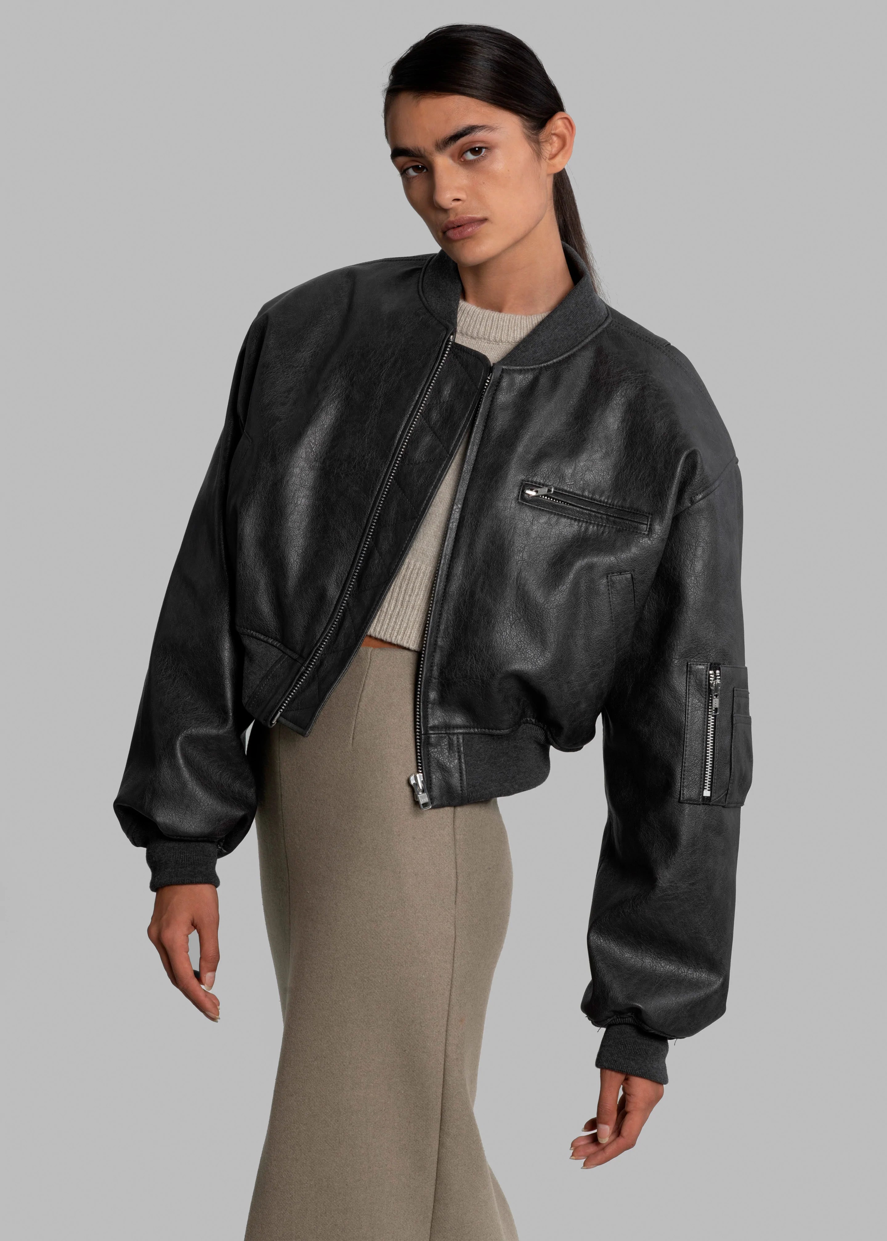 Gae Faux Leather Cropped Bomber - Charcoal - 8