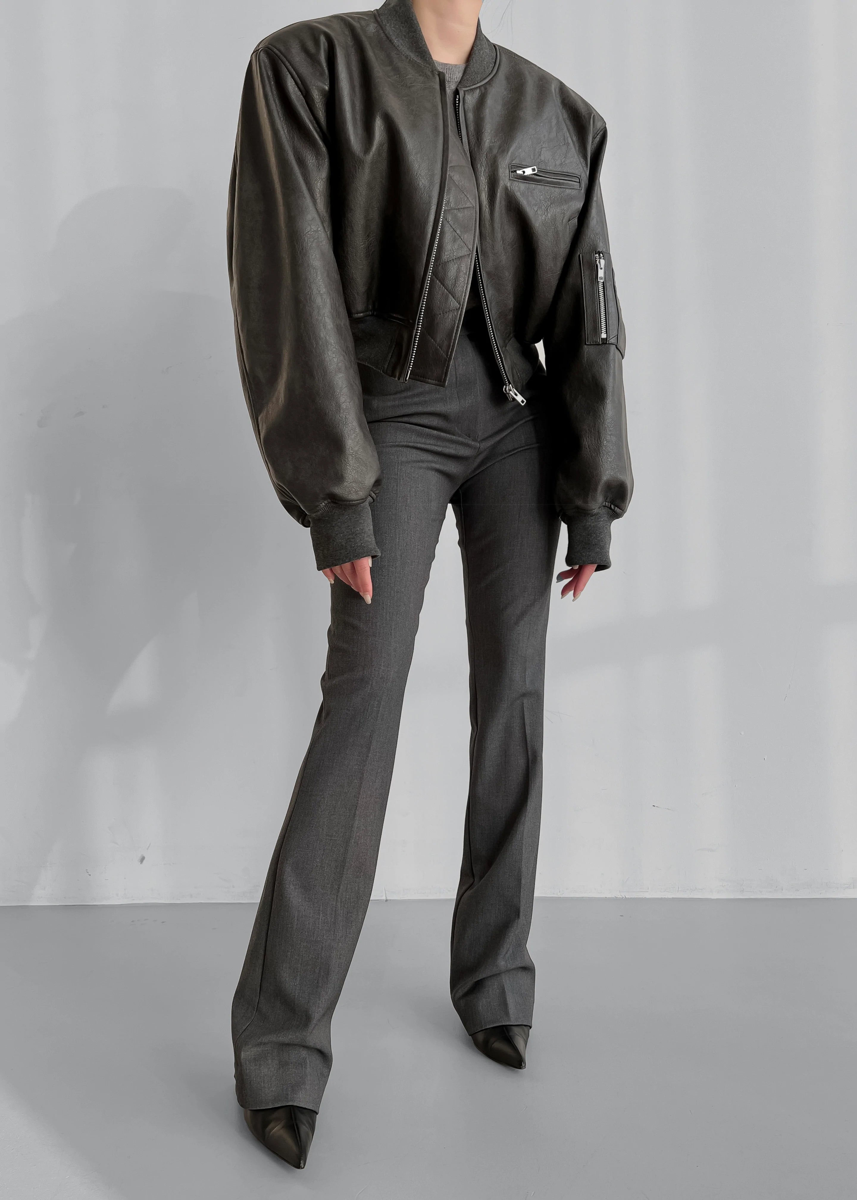 Gae Faux Leather Cropped Bomber - Charcoal - 1