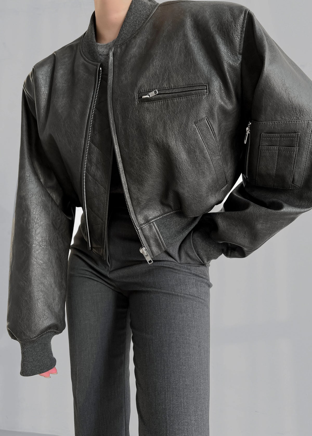 Gae Faux Leather Cropped Bomber - Charcoal - 7