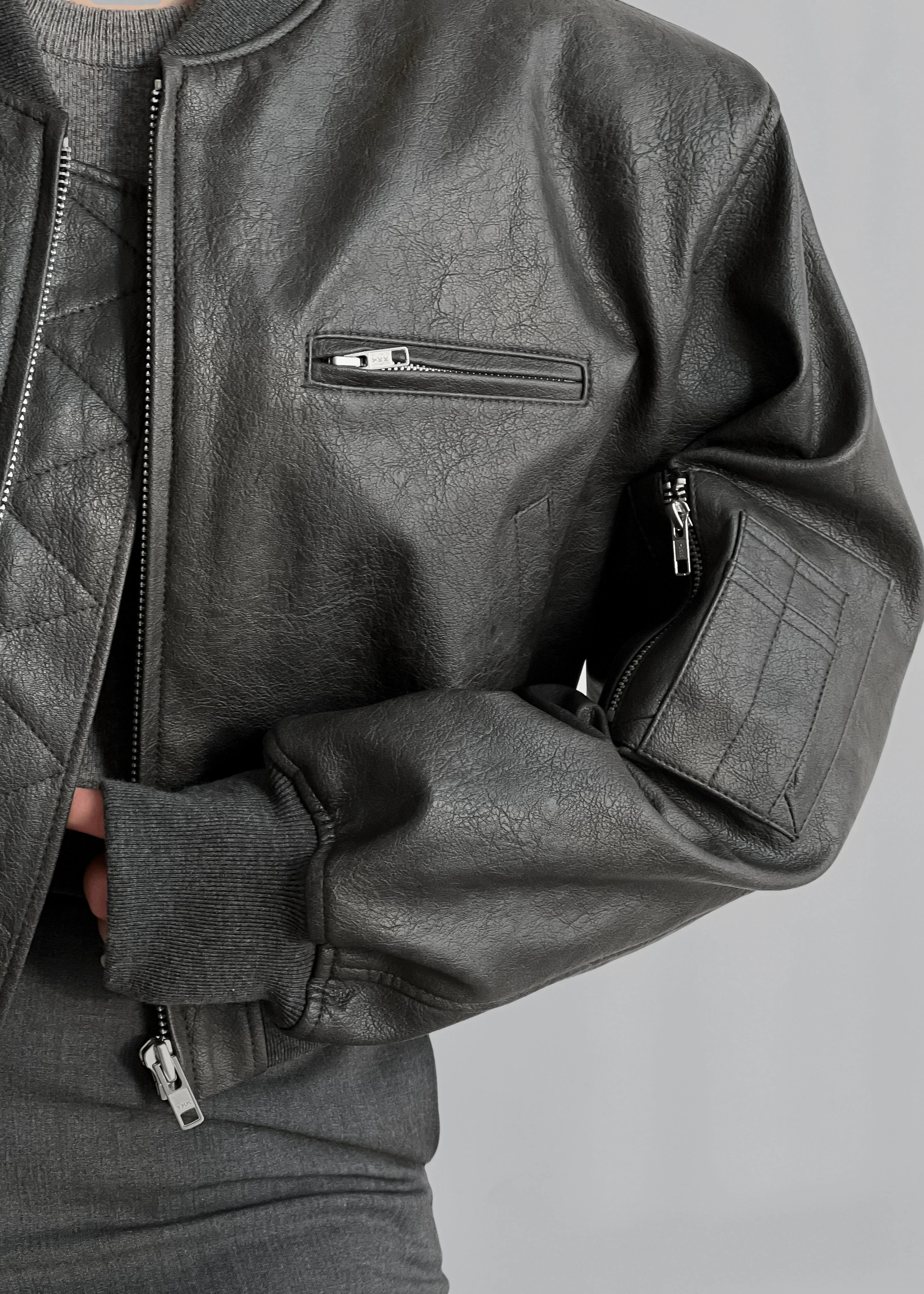 Gae Faux Leather Cropped Bomber - Charcoal - 5