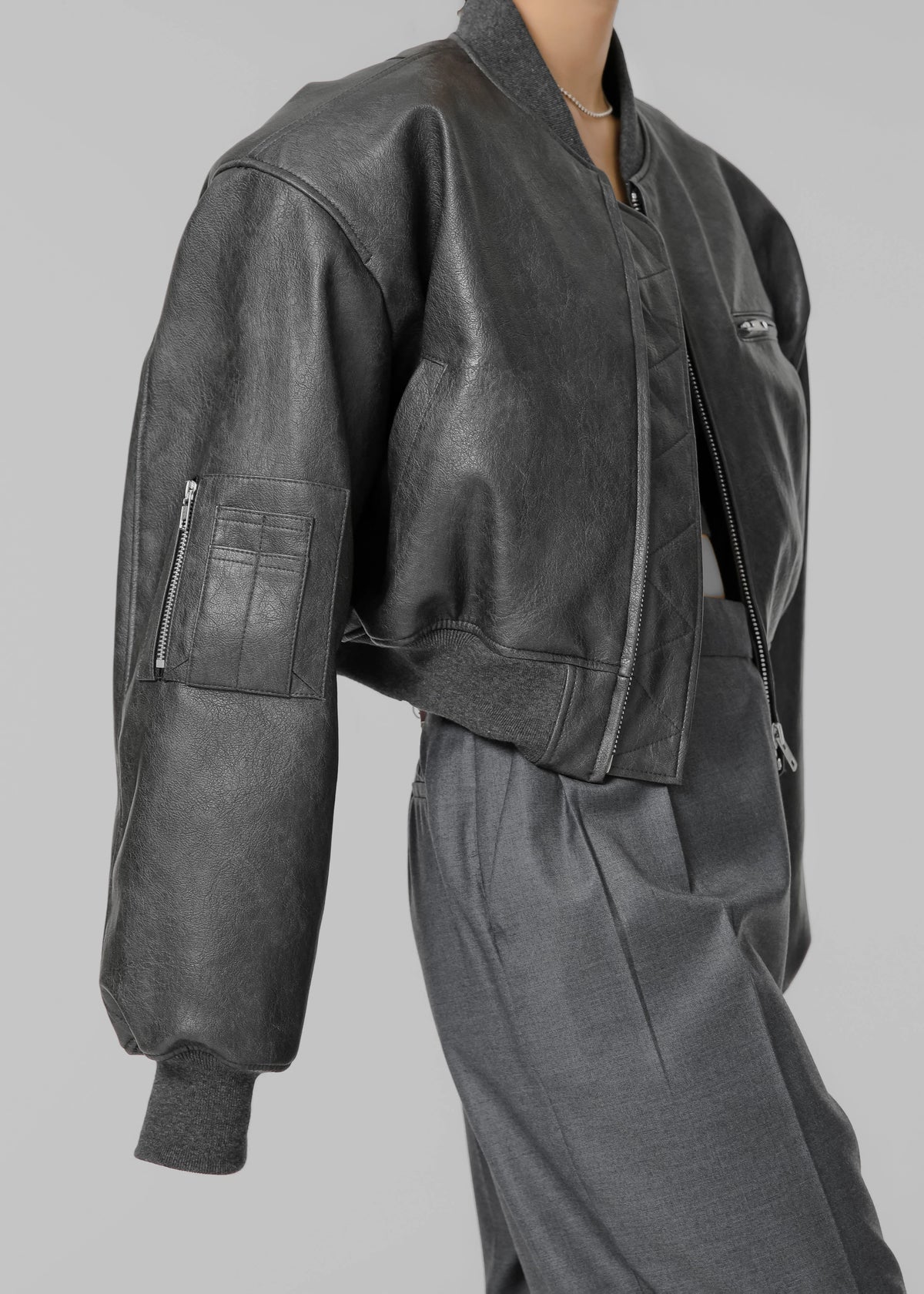 Gae Faux Leather Cropped Bomber - Charcoal - 2