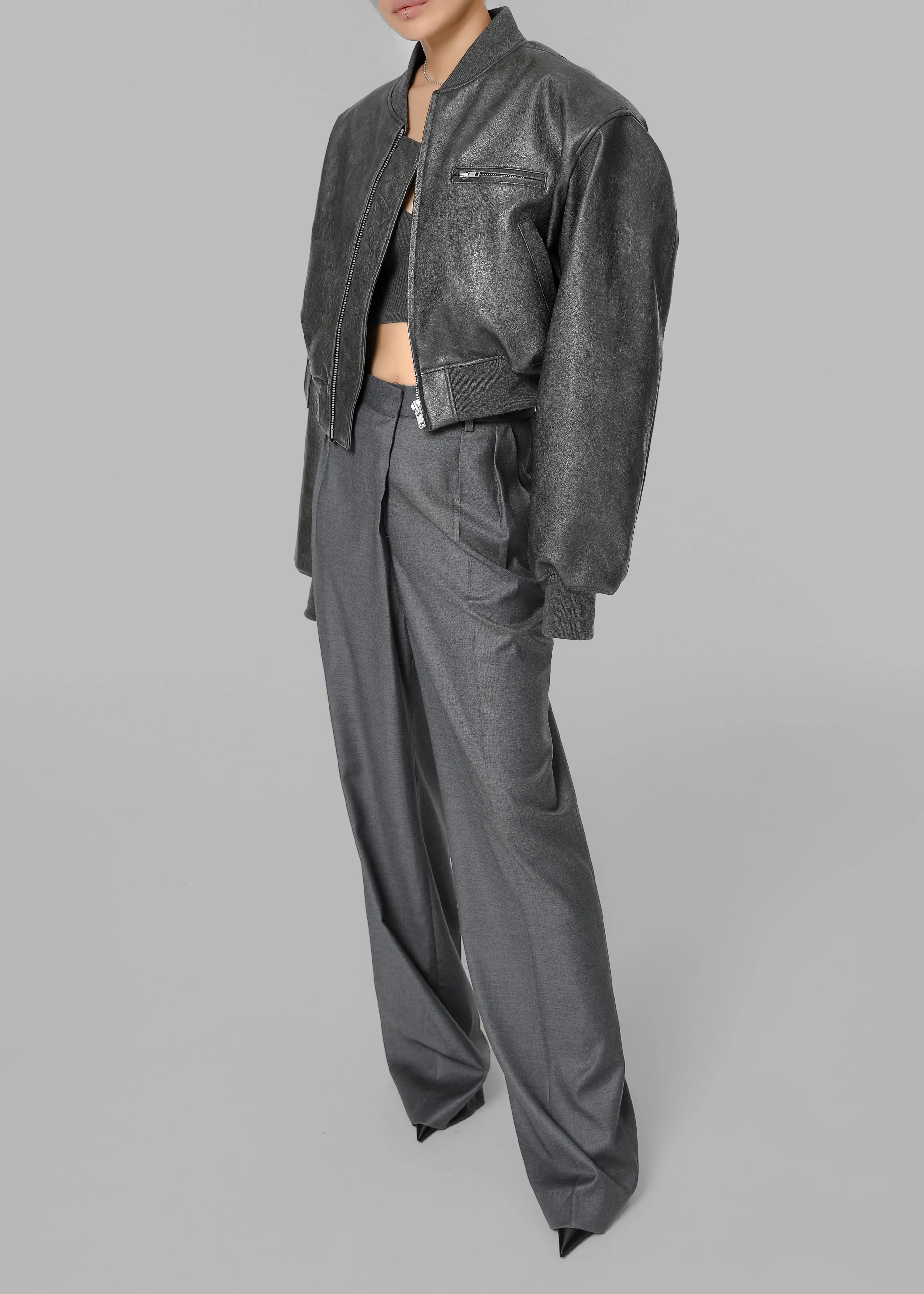 Gae Faux Leather Cropped Bomber - Charcoal - 12