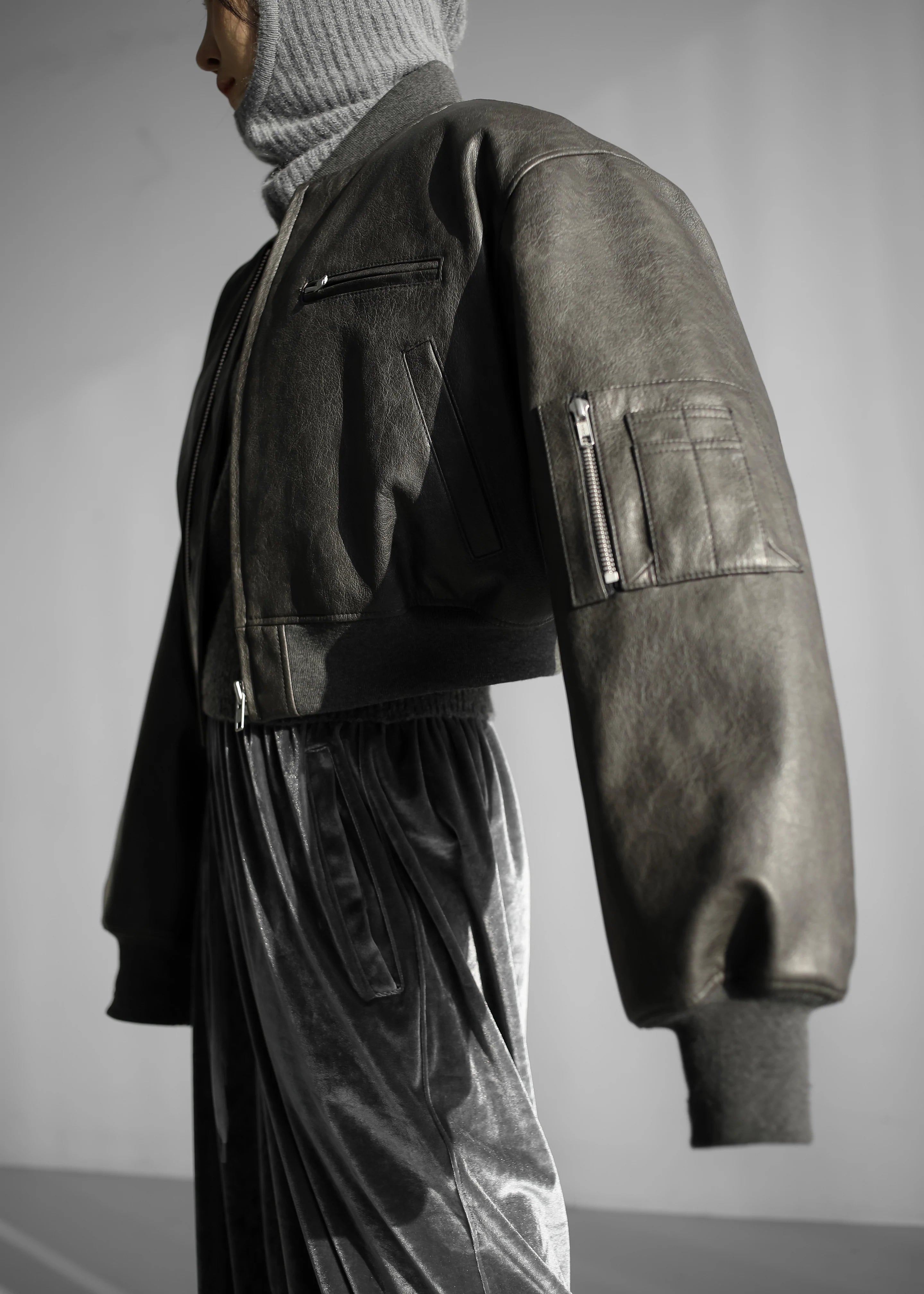 Gae Faux Leather Cropped Bomber - Charcoal - 9