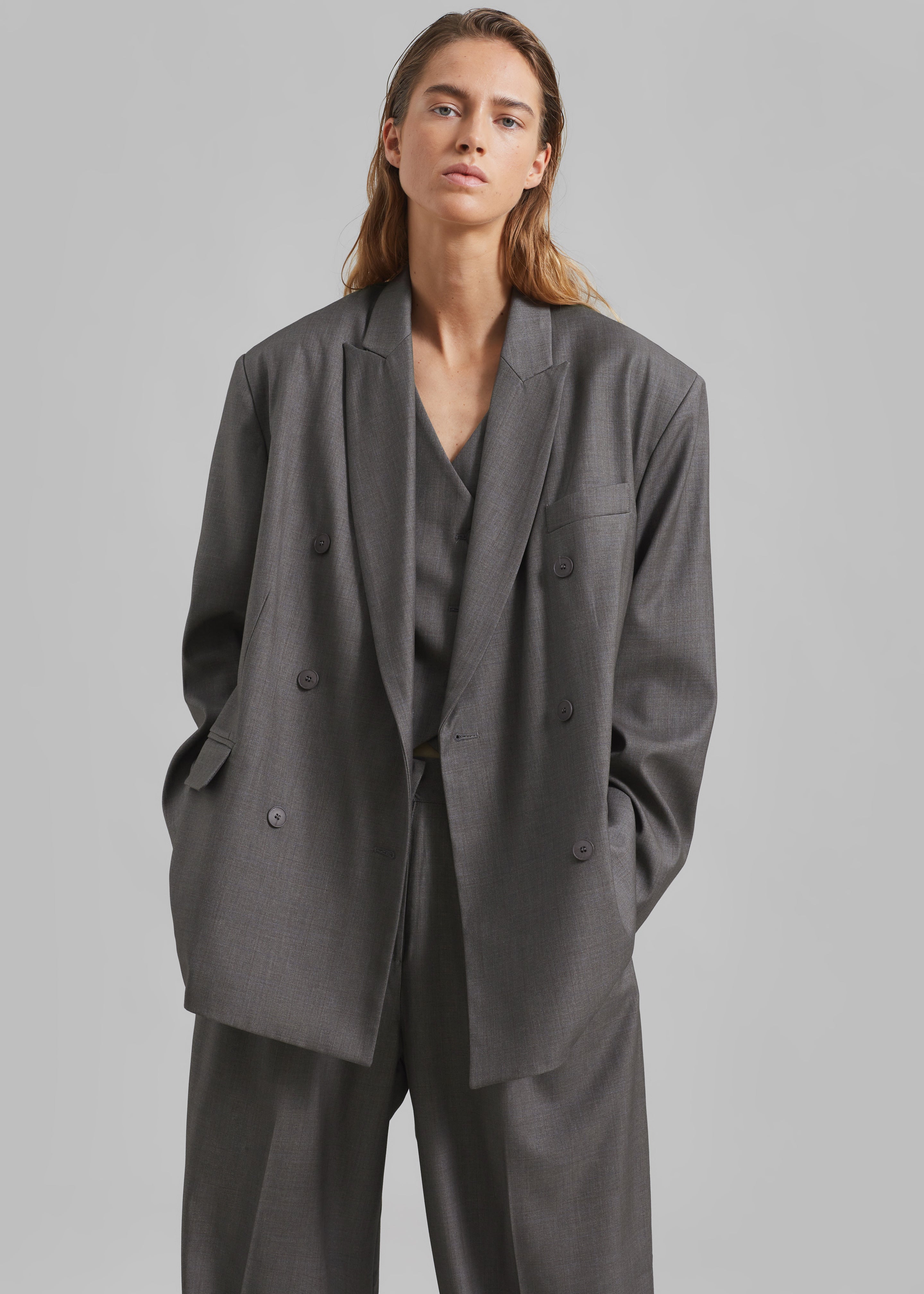 Ivey Double Breasted Blazer - Grey Melange - 8