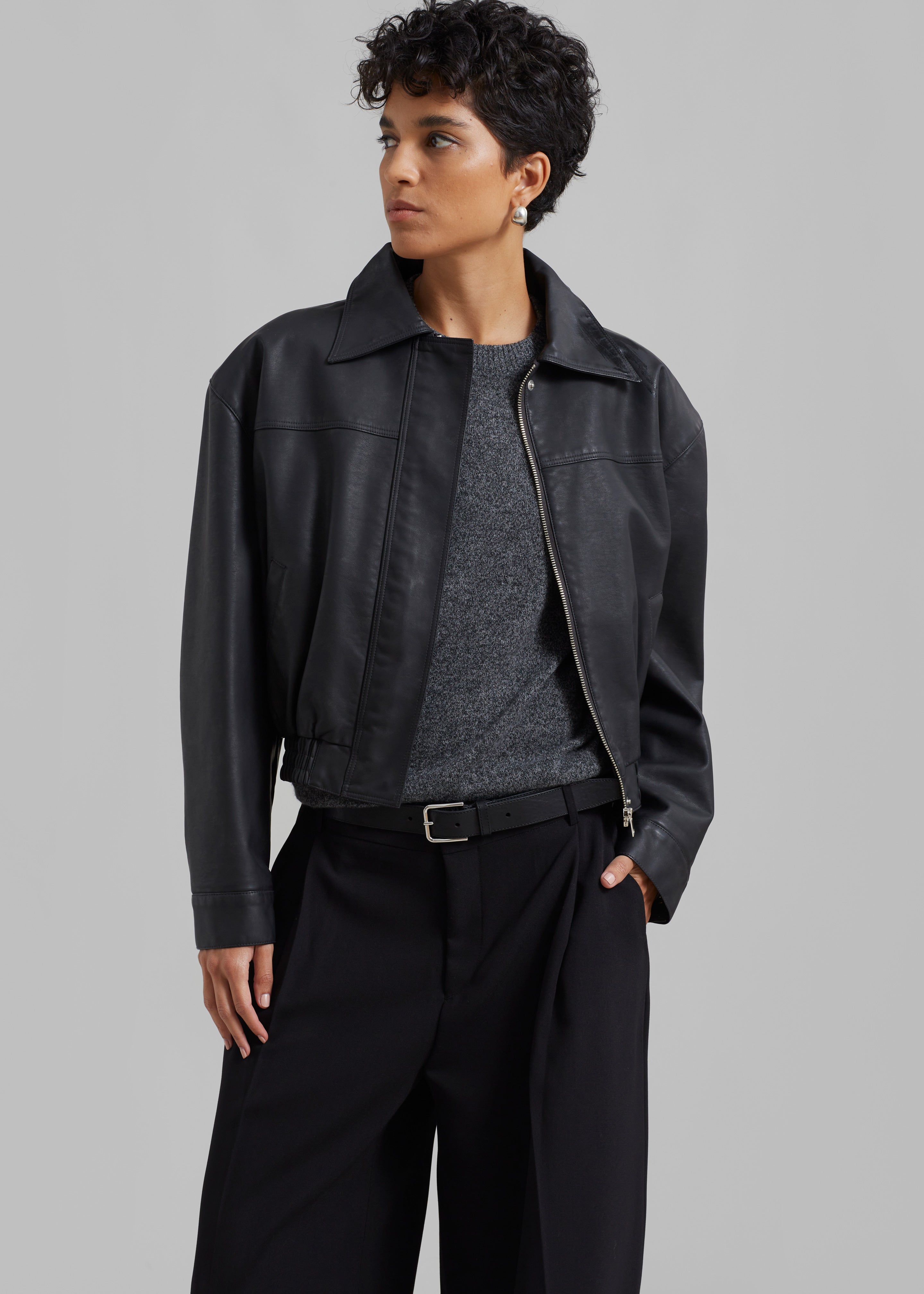 Jaden Faux Leather Bomber - Black - 7