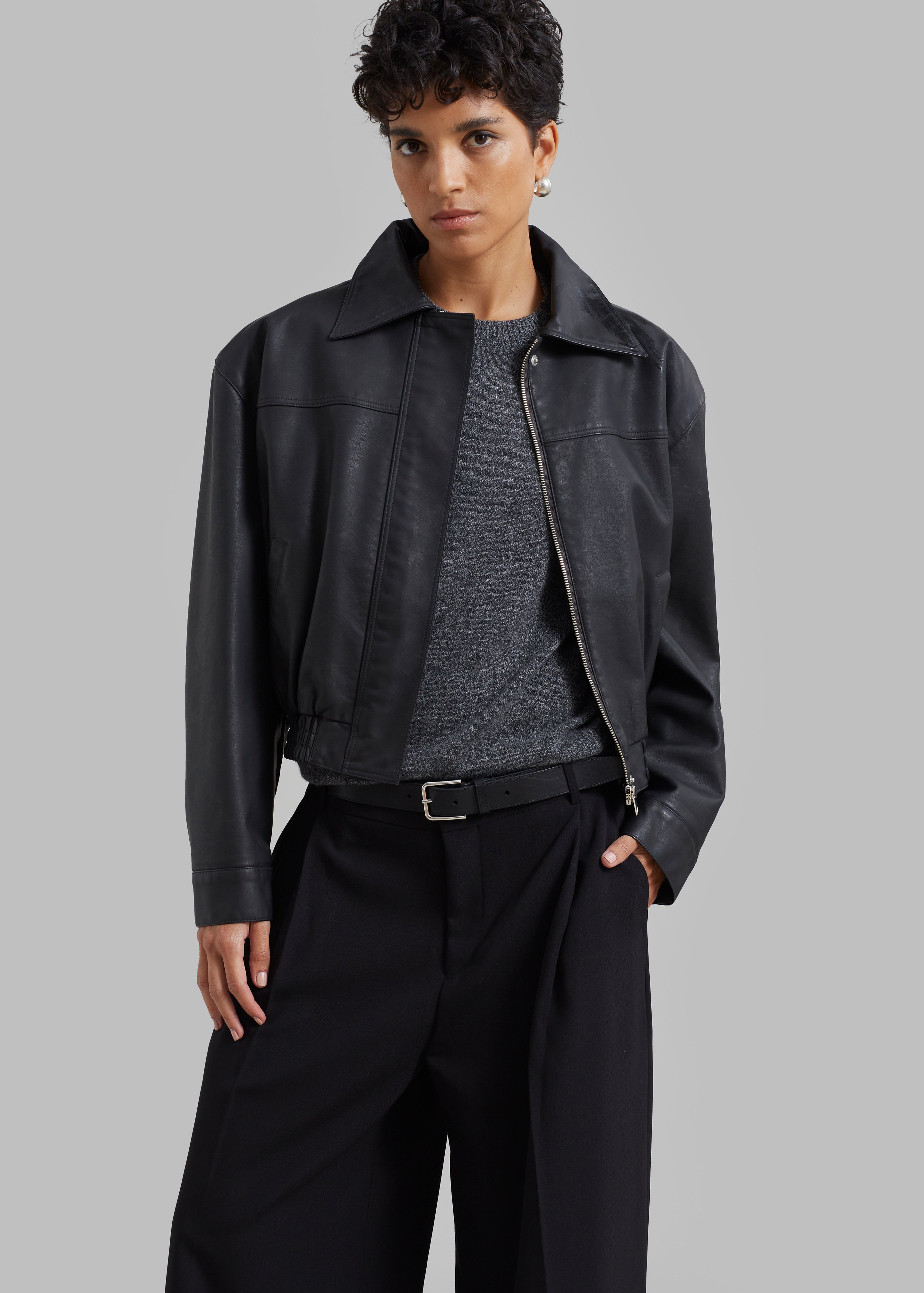 Jaden Faux Leather Bomber - Black - 1