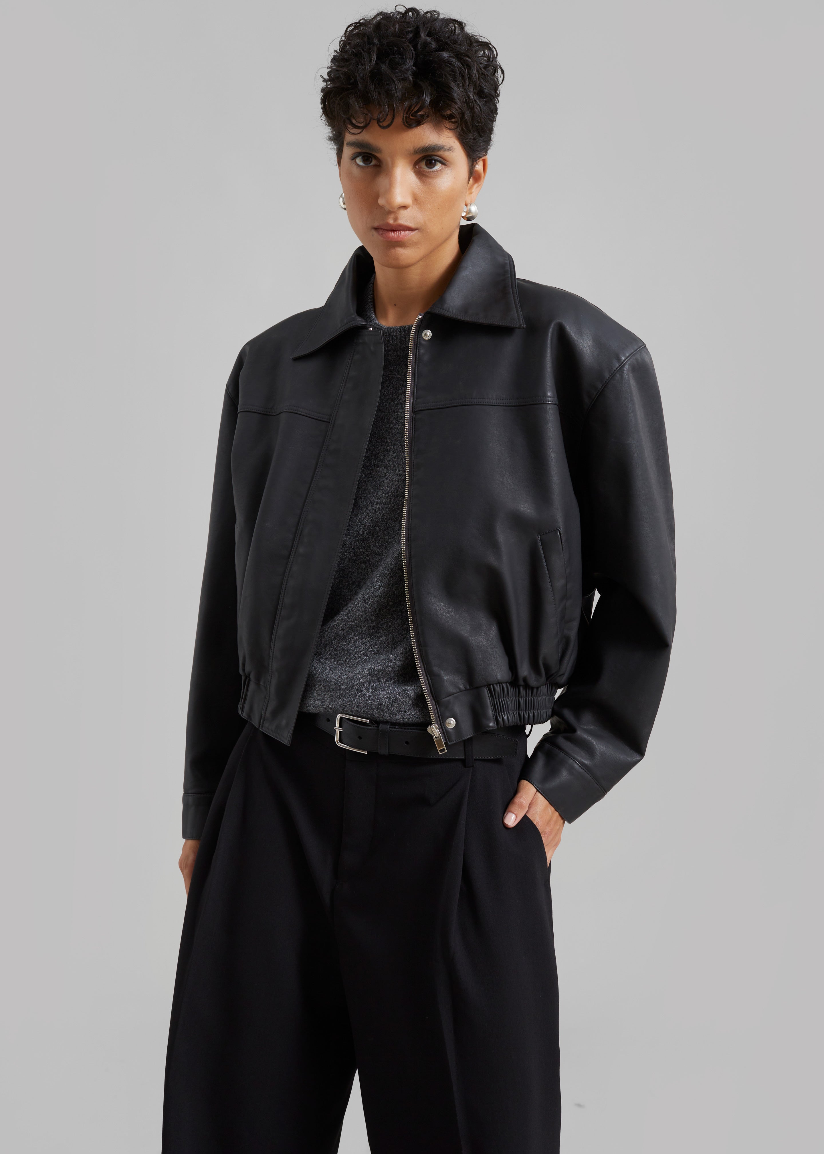 Jaden Faux Leather Bomber - Black - 4