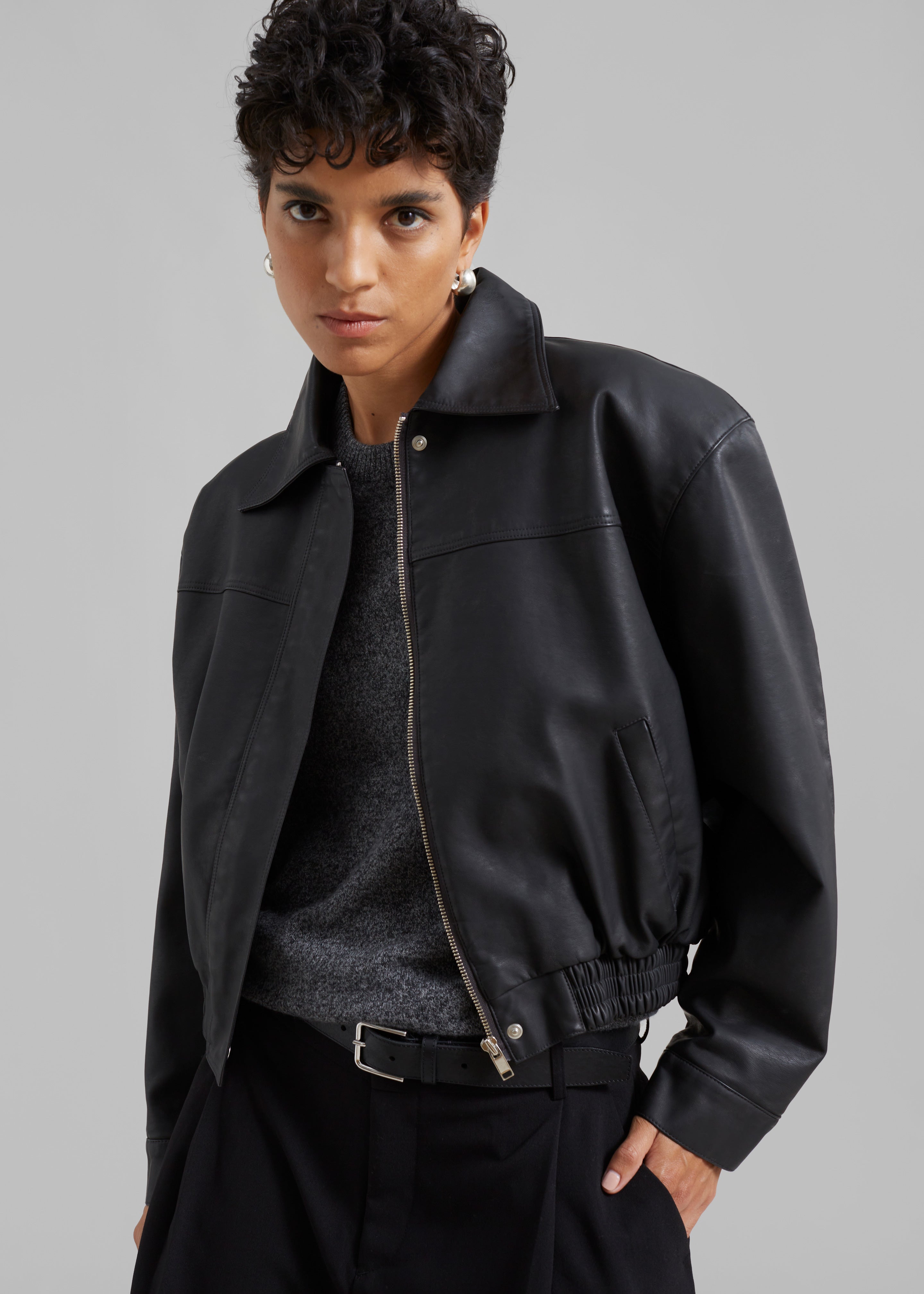 Jaden Faux Leather Bomber - Black - 3