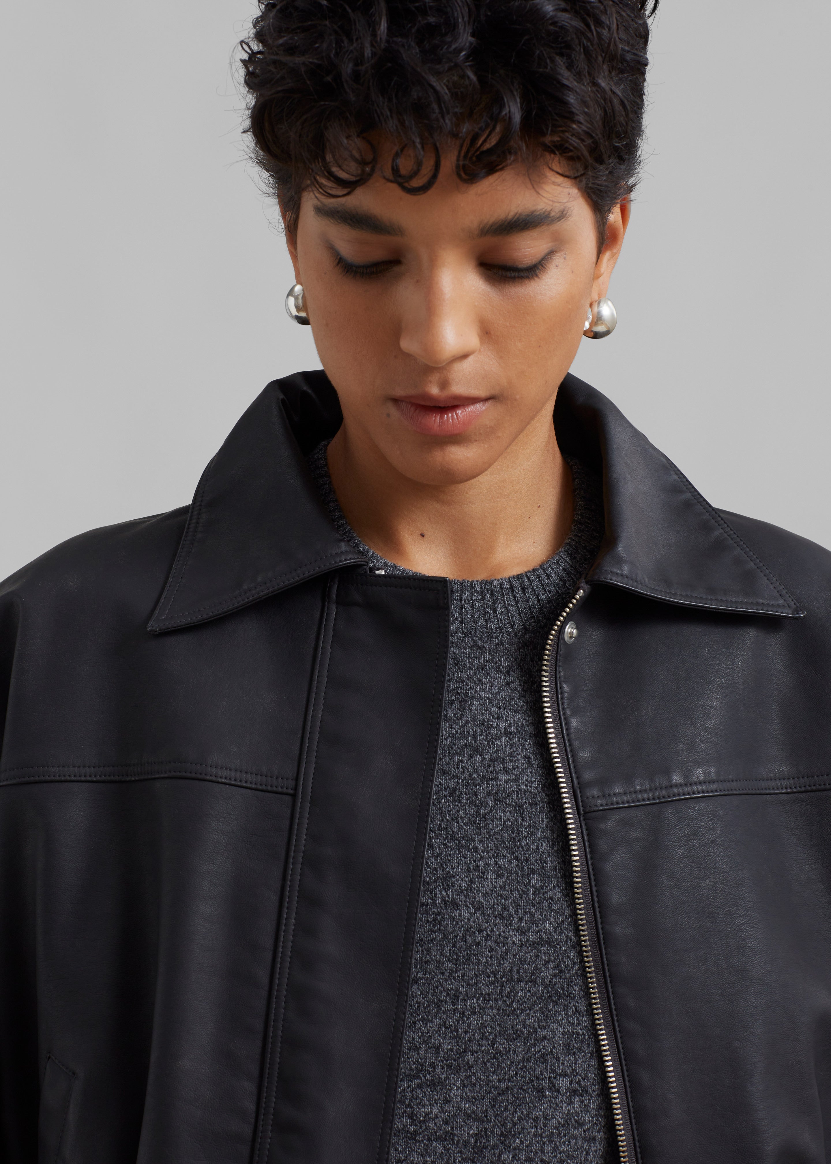 Jaden Faux Leather Bomber - Black - 8