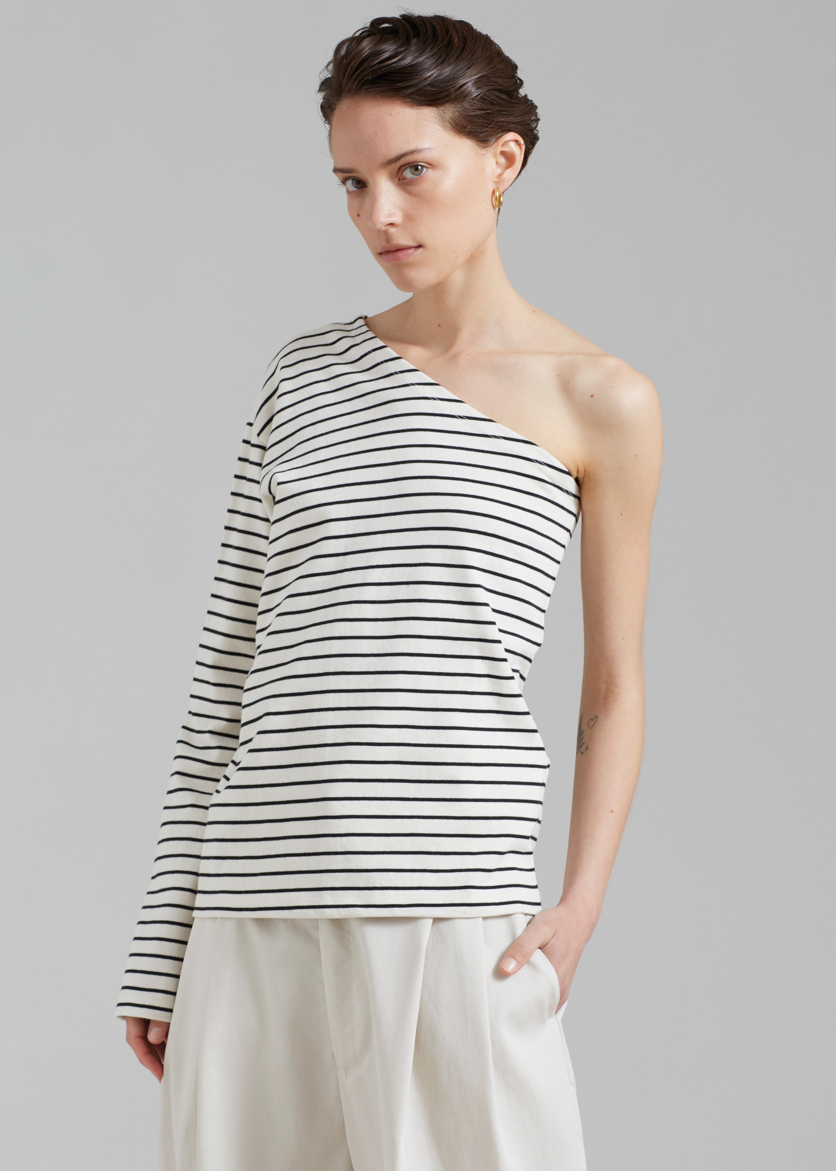 Jean One Shoulder Top - Black Stripe - 8